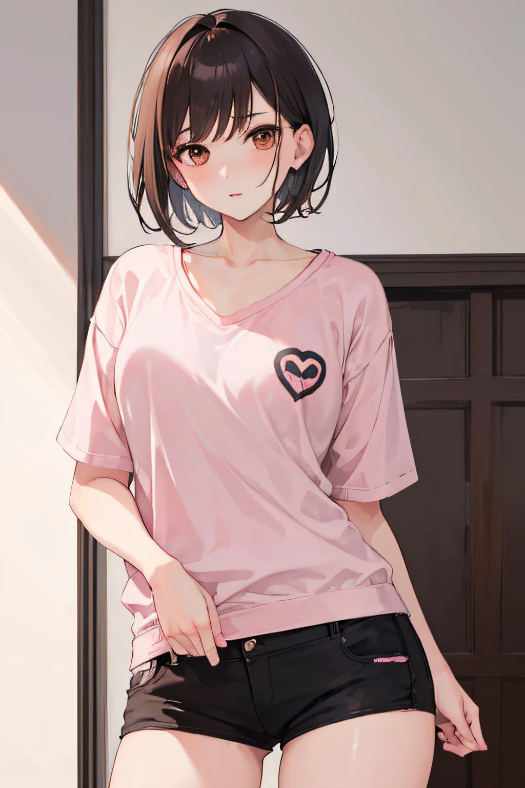 1girl, sexy, short hair, brown eyes, pink skinny, black shorts, home, high res, ultrasharp, 8K, masterpiece, looking at viewer