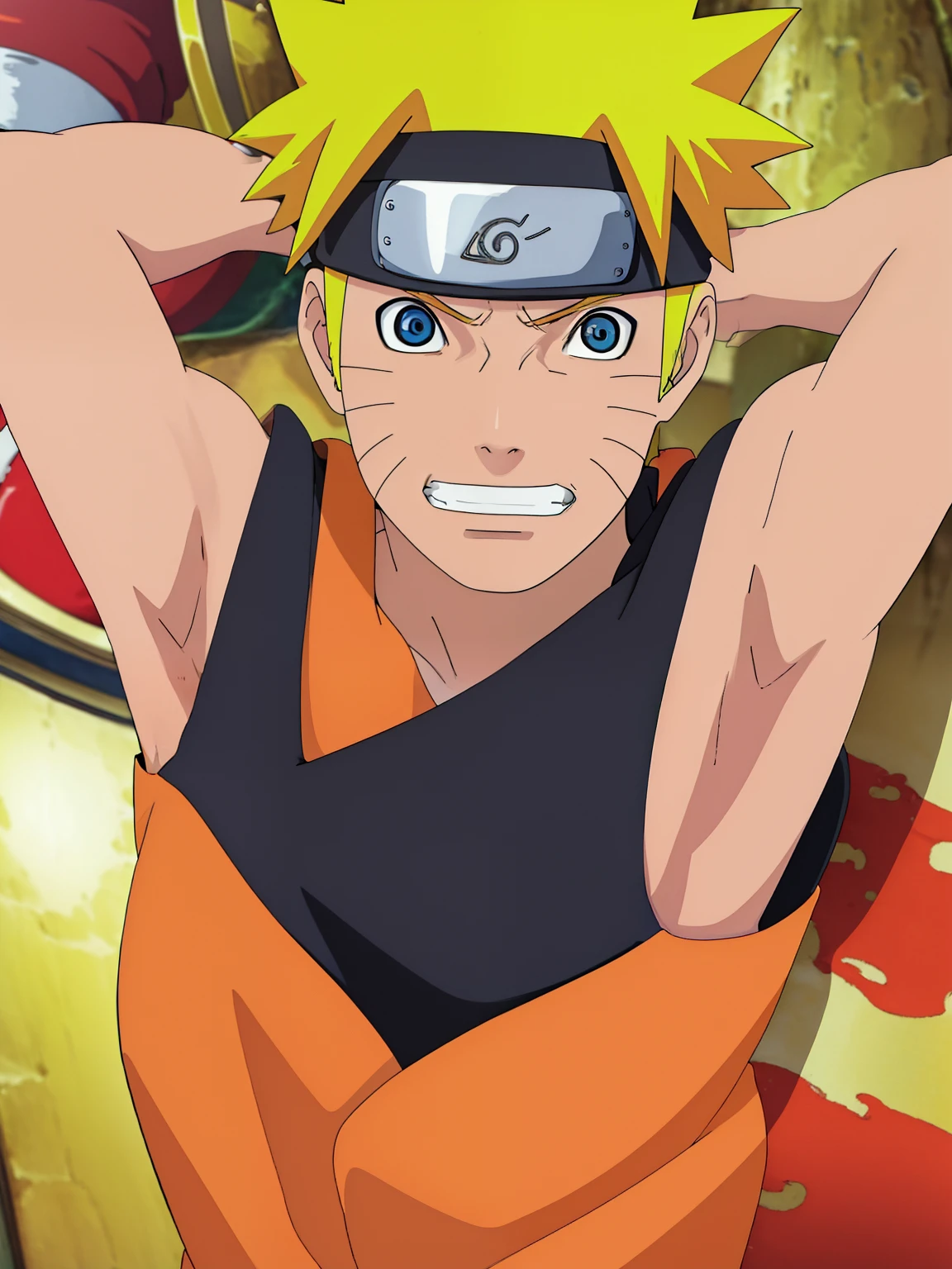 Highres, Masterpiece, Best quality at best,Best Quality,hight quality, hight detailed, uzumaki naruto, tank top,  (slim body), (showing armpit)