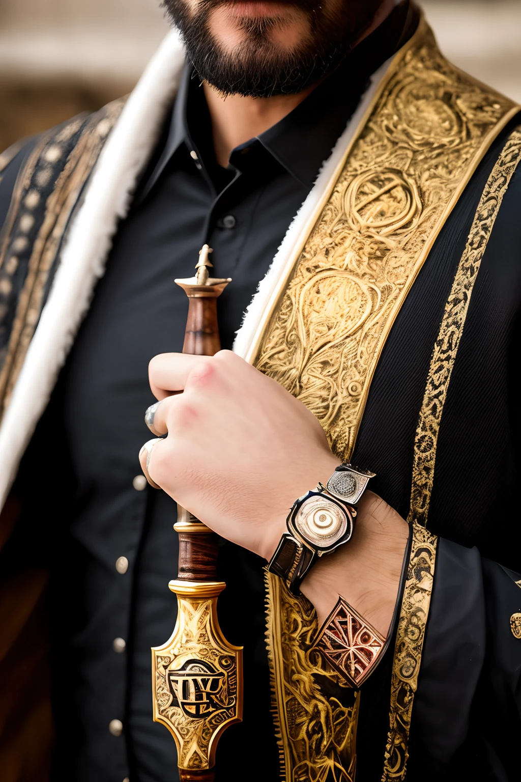 Grizzle assimar bard with short white hair and facial scruff holding aloft a rapier with the symbol of tyr etched into the pommel, and he has a gold wedding ring on his ring finger