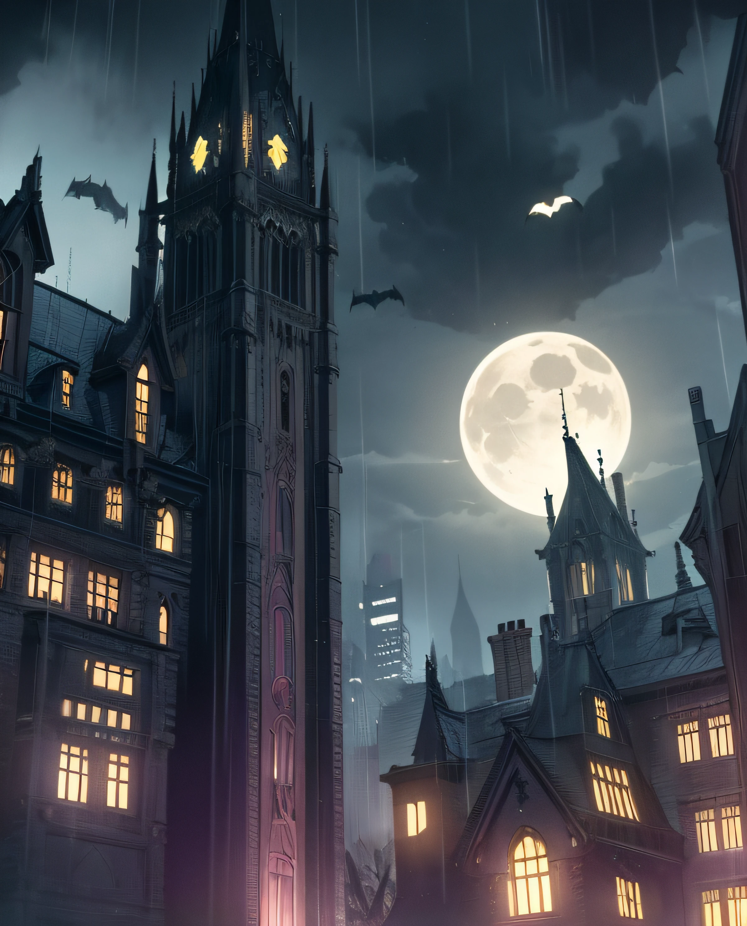 This wallpaper captures the essence of Batman's home in the dark night, set against the backdrop of a yellow, bright, and shiny moon in the sky. The wallpaper features a panoramic view of Gotham City, with towering skyscrapers casting long shadows across the streets. The cityscape is bathed in a deep violet, creating an atmosphere of mystery and suspense. The moon, positioned prominently in the upper part of the wallpaper, shines brightly, In the foreground, Batman's home, Wayne Manor, stands as an imposing silhouette against the night sky. The manor's Gothic architecture adds an air of grandeur and darkness to the composition. The mansion's windows emit a soft glow, hinting at the presence of Batman's secret lair, the Batcave. To enhance the dramatic effect, rain clouds gather over the city, reflecting the moon's radiant light. Raindrops fall gently, adding texture and movement to the wallpaper. The Bat-Signal, projected high into the night sky, cuts through the darkness, symbolizing Batman's commitment to protecting Gotham City from evil forces. Overall, this wallpaper captures the dichotomy between light and darkness, highlighting the eternal struggle between good and evil. It serves as a reminder of Batman's unwavering dedication to justice, even in the darkest of nights.