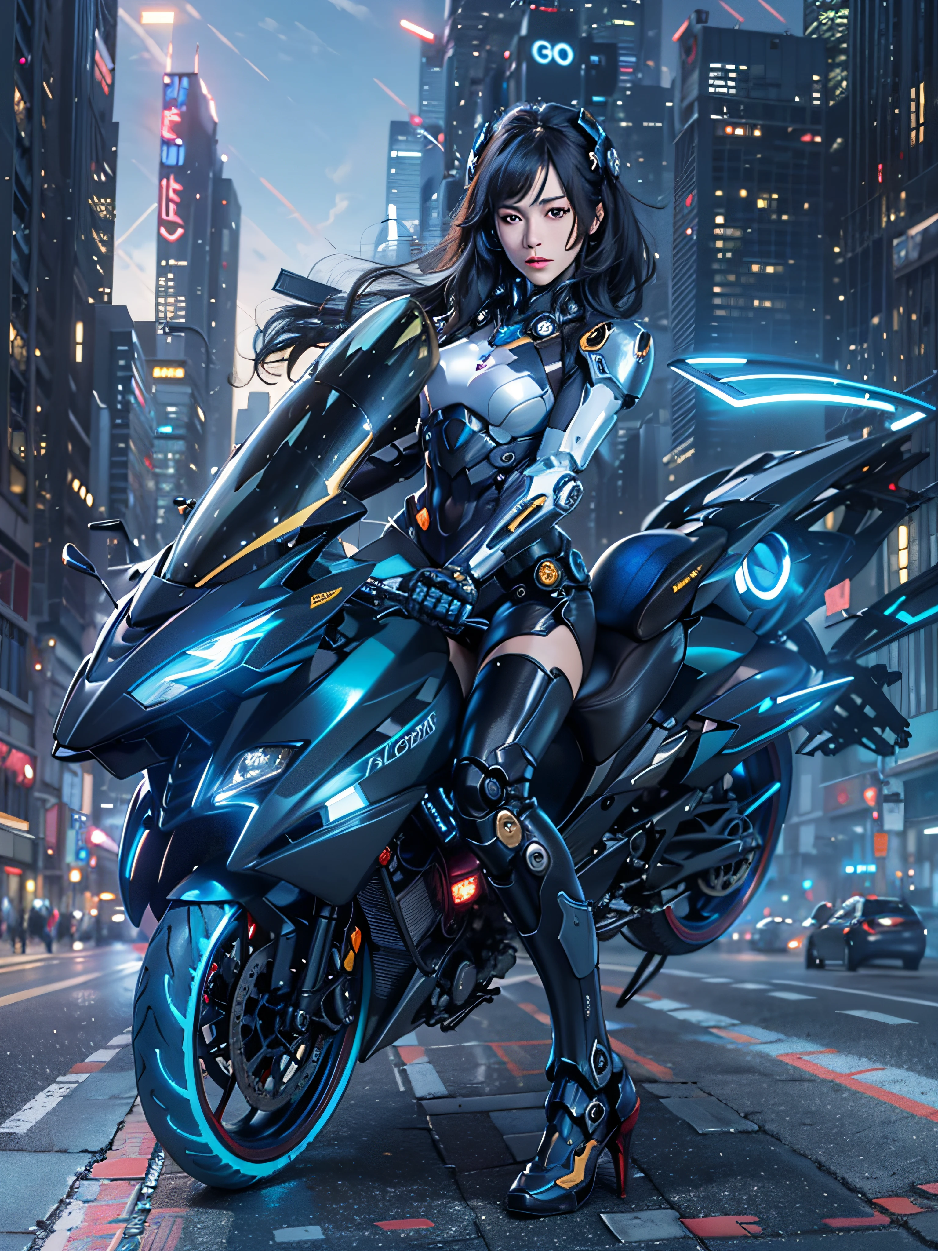 Highest image quality, excellent details, Ultra-high resolution, (Realism: 1.4), The best illustrations, favor details, Highly condensed 1girl, with a delicate and beautiful face, dressed in a black and blue mecha, Wearing a mecha helmet, holding a directional controller, riding on motorcycle, the background is a high-tech lighting scene of the futuristic city.