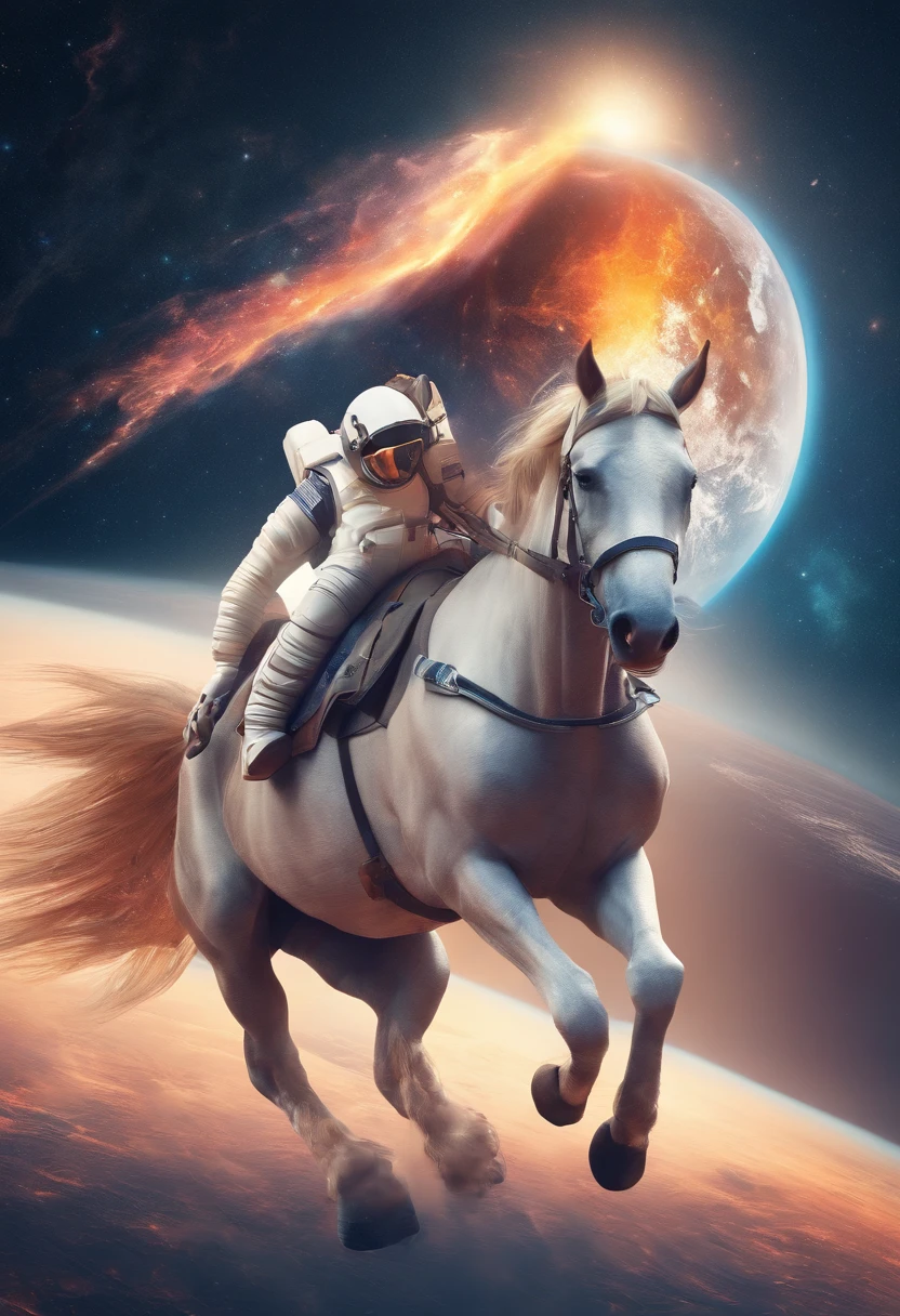 A horse on the back of an astronaut in space