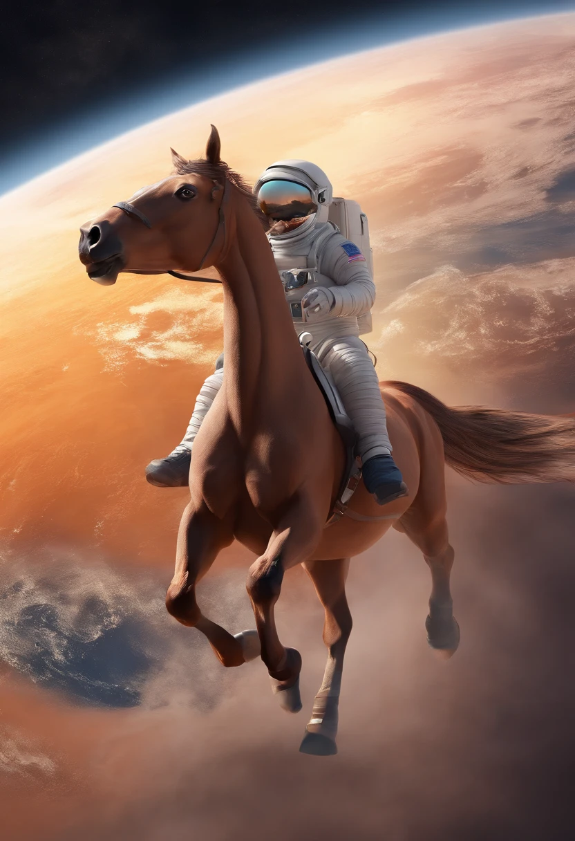 A horse on the back of an astronaut in space