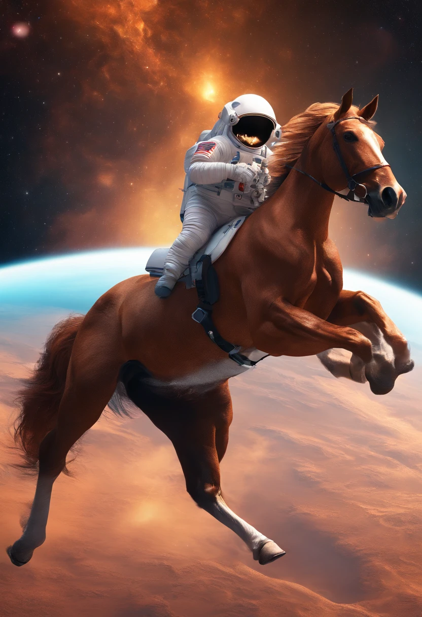 A horse on the back of an astronaut in space