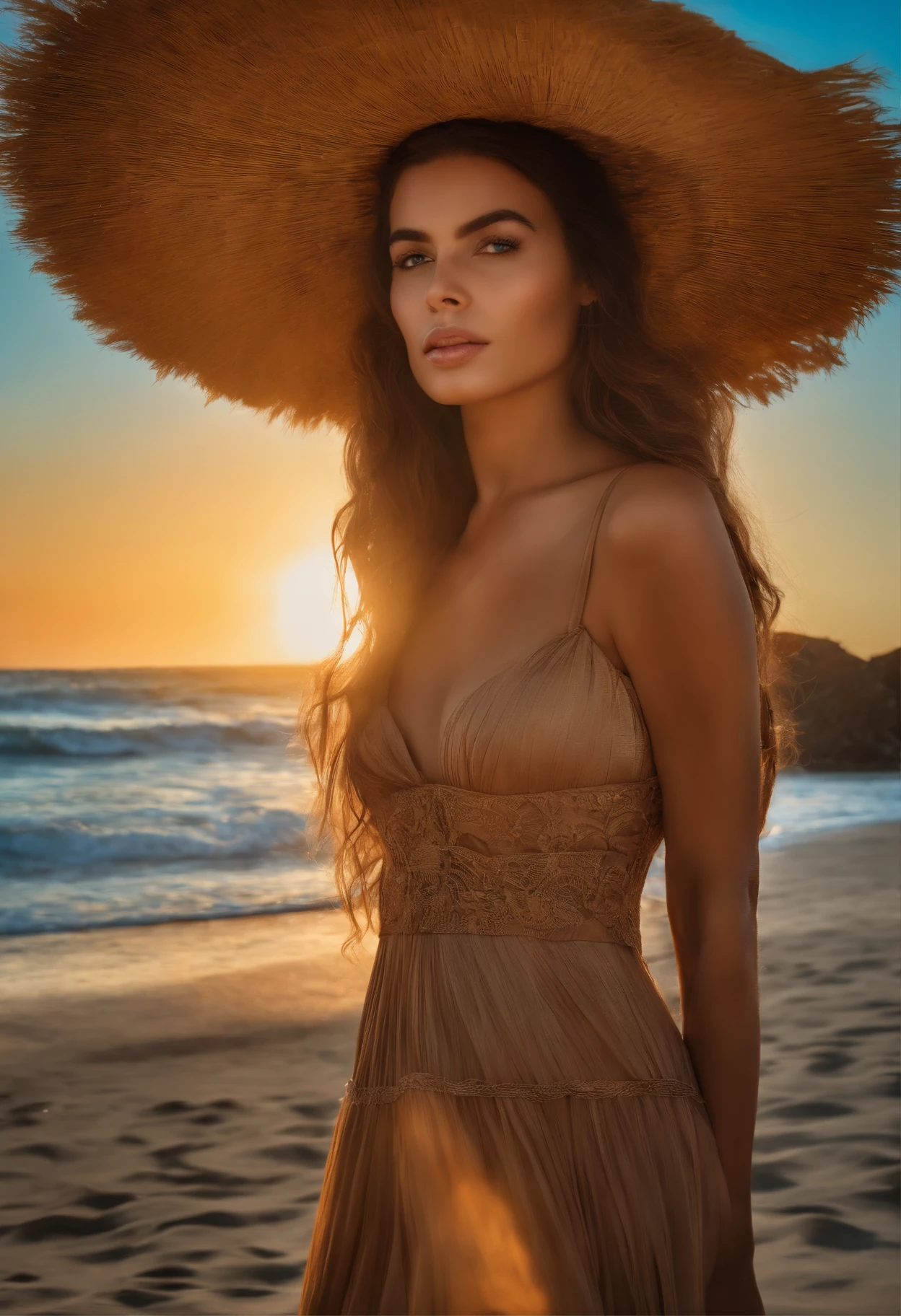 Menina linda, cabelo ruivo, na praia azul, tomando suco, sentada a cadeira de madeira, meio dia, sol escaldante, imagem de alta qualidade realista, perfeito, 1:3