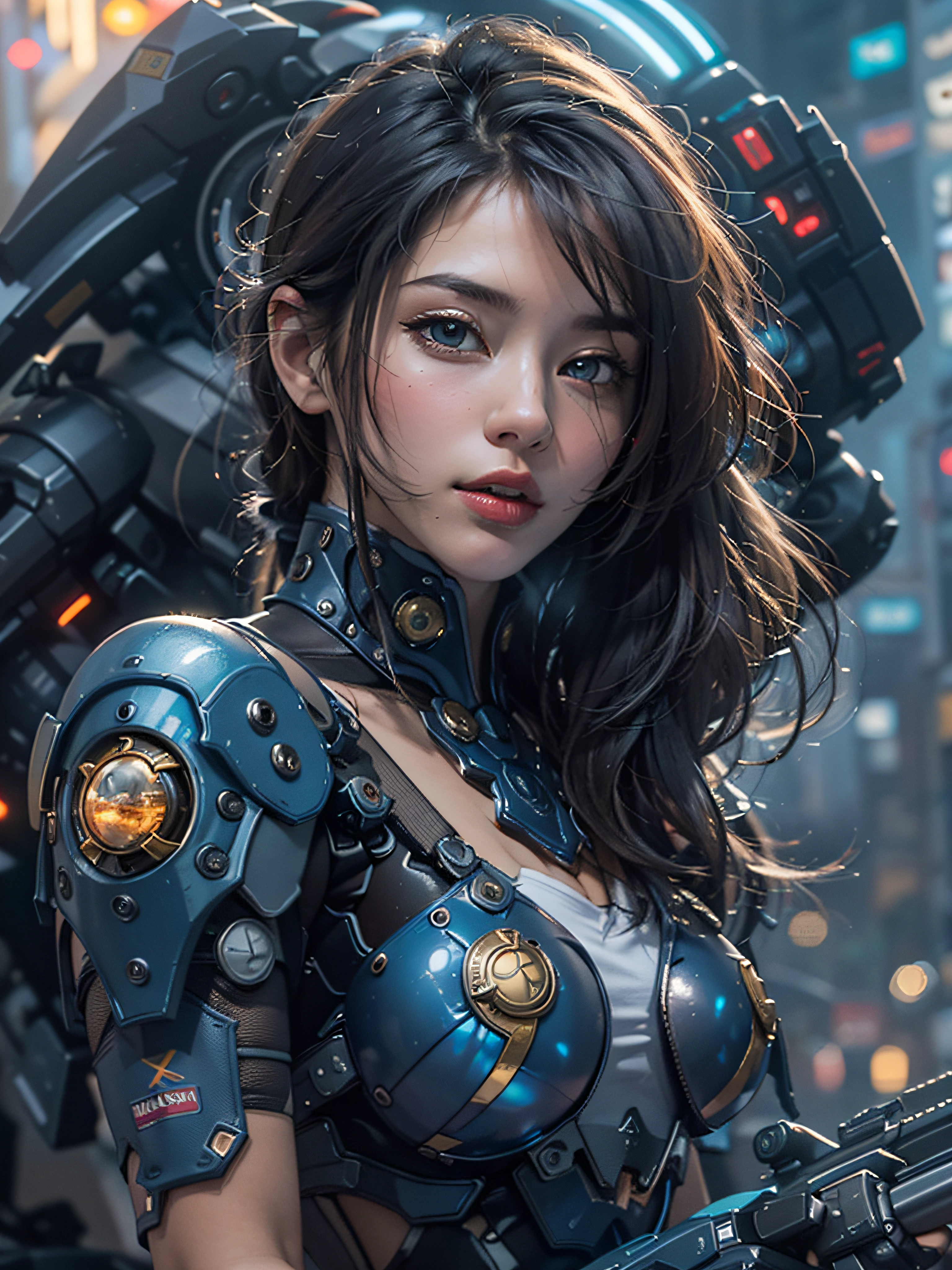 Highest image quality, excellent details, Ultra-high resolution, (Realism: 1.4), The best illustrations, favor details, Highly condensed 1girl, with a delicate and beautiful face, dressed in a black and blue mecha, Wearing a mecha helmet, holding a directional controller, riding on motorcycle, the background is a high-tech lighting scene of the futuristic city.