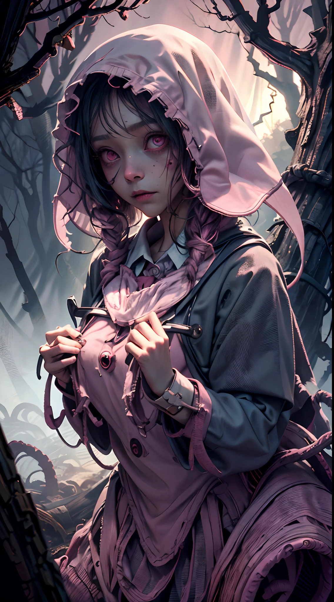 creepy girl, (pink school uniform:1.4), spooky woods, lost in dark wood, (at night:1.2), monsters, glowing eyes, (flawless skin:1.2), DarkWoodsStyle, kikimora