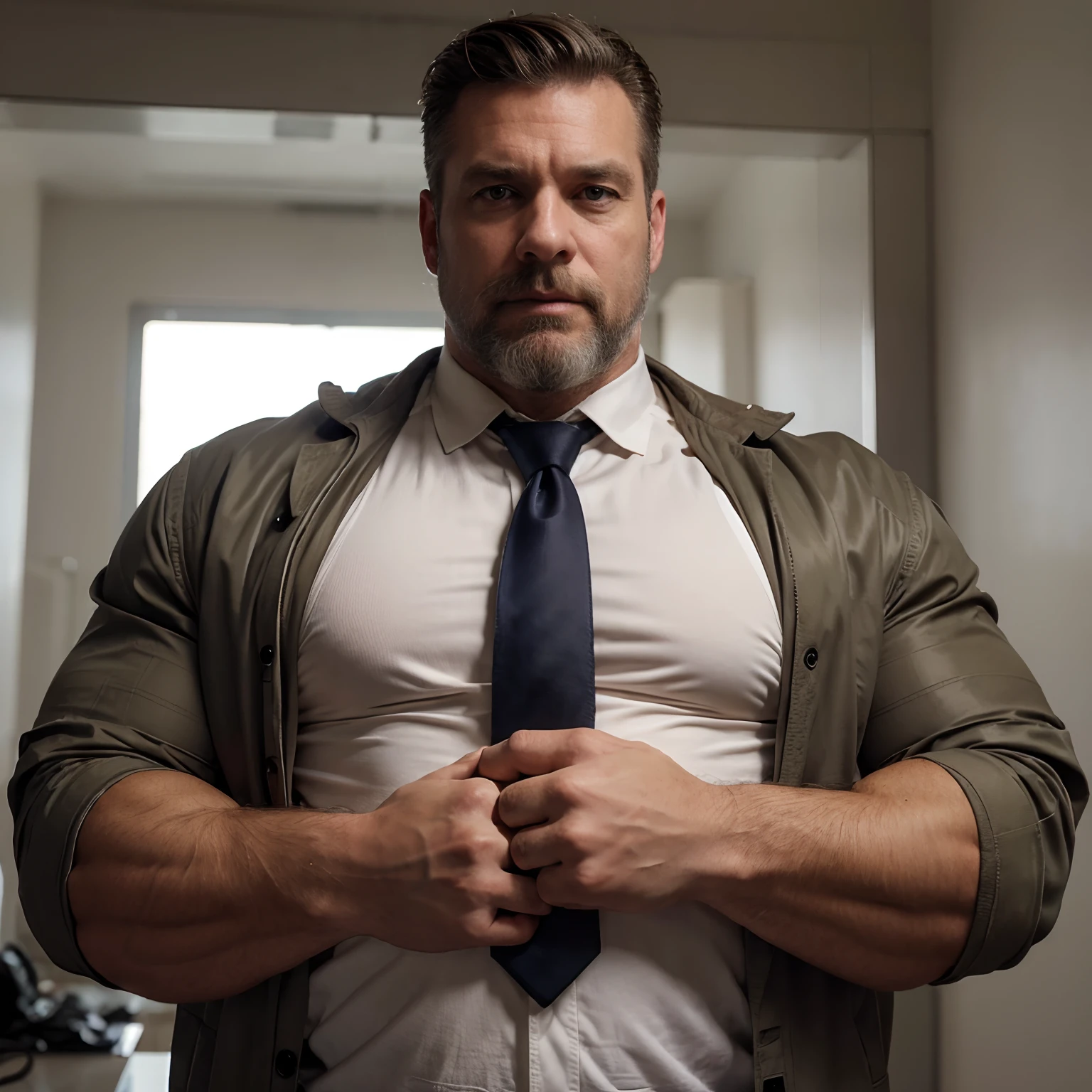 Man 50 years old , daddy , white haire , beard ,hairy , muscled huge pecs , huge torso , huge arms, in military suit with a tie and a jacket and a shirt , full body