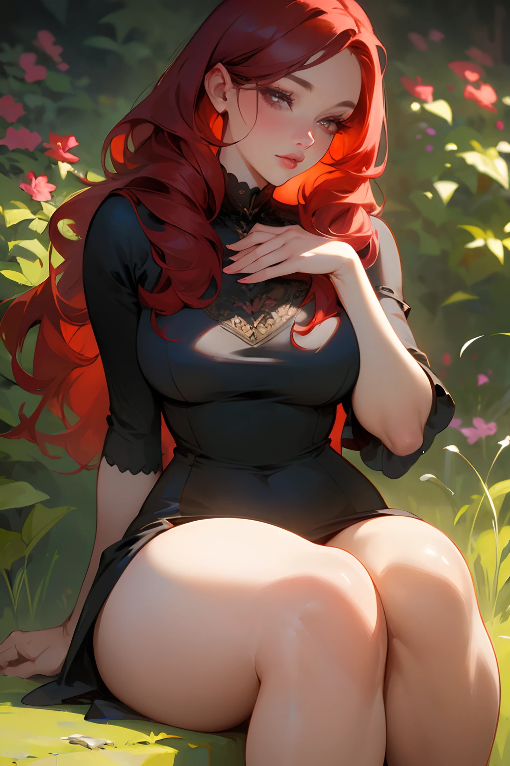 (best quality,highres,realistic),portrait,girl,black dress,tight,wide thighs,red hair,beautiful face, Detailed eyes, detailed lips, long eyelashes, elegant pose, garden background, soft lighting, realistic colors