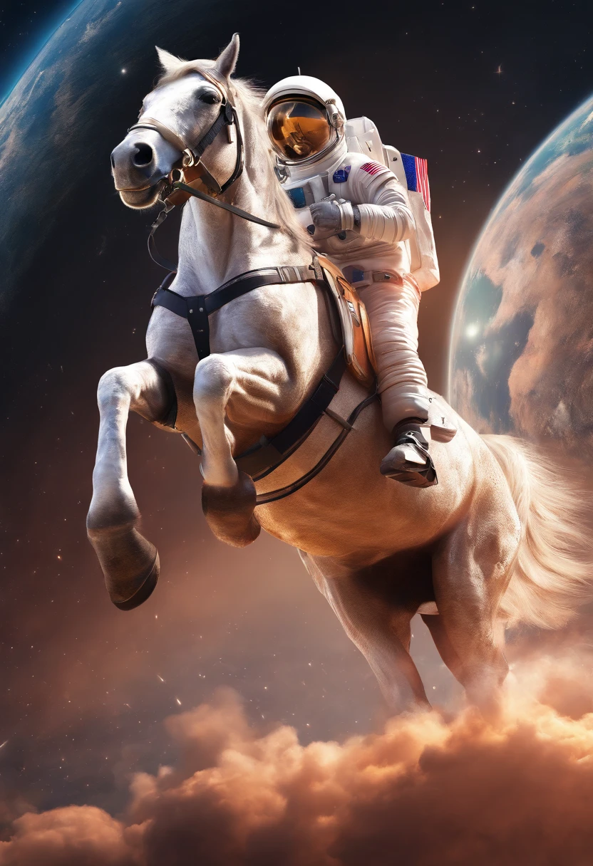 A horse on the back of an astronaut in space