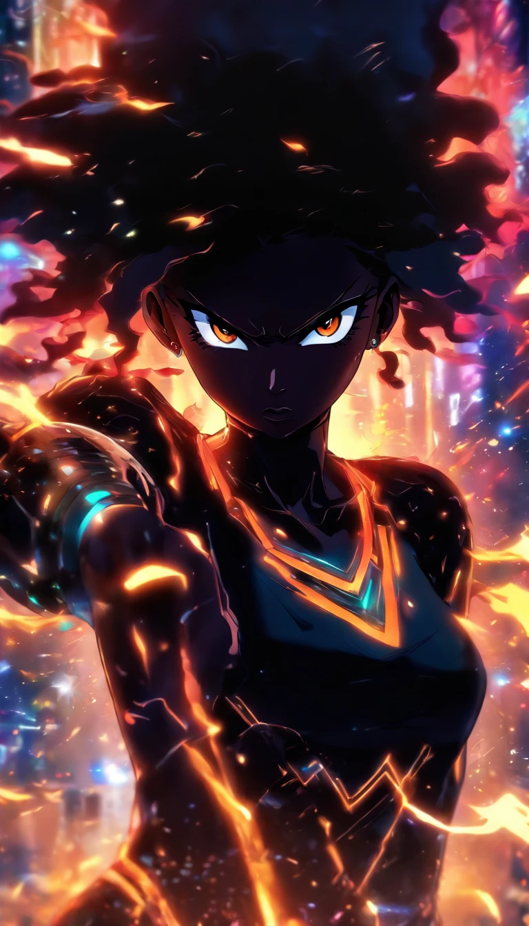 A graceful young african american woman with cat ears, eyes, and teeth,and with glowing golden eyes, browned skin, wave long hair. sharp claws extended as she lunges towards the camera. Glowing particle lights flying in the wind. Bold lines. Lovely and bright forest background. Electricity crackles around her.