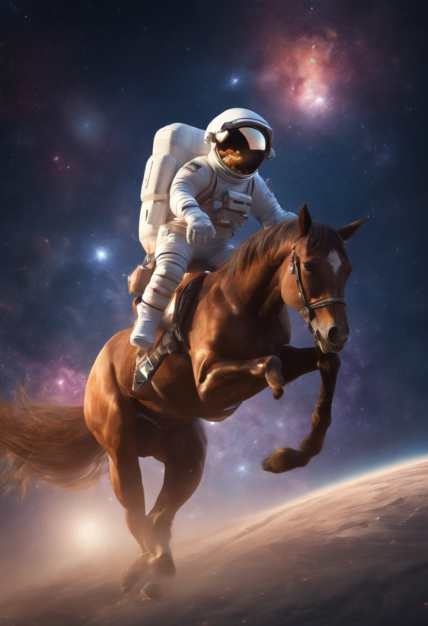 An astronaut holding up a horse in space