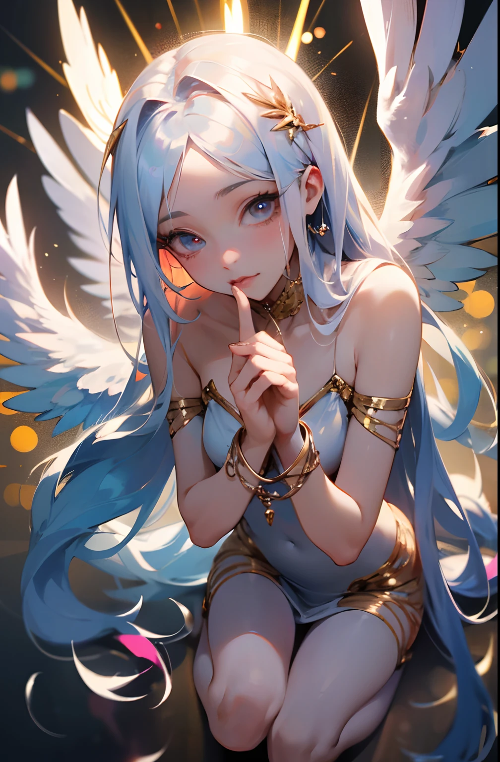 (Masterpiece: 1.4), (Best Quality: 1.4), (Very Cute Angel Girl, Super Detailed Face, Jewel-like Eyes, White Very Long Hair, Colorful Gradient Hair: 1.4), (Angel Ring:
1.4), (Angel Wings: 1.4), (Full body, perfect 2 arms, perfect 2 legs: 1.4), Perfect 4 fingers: 1 thumb, light, shine, bokeh, super fine