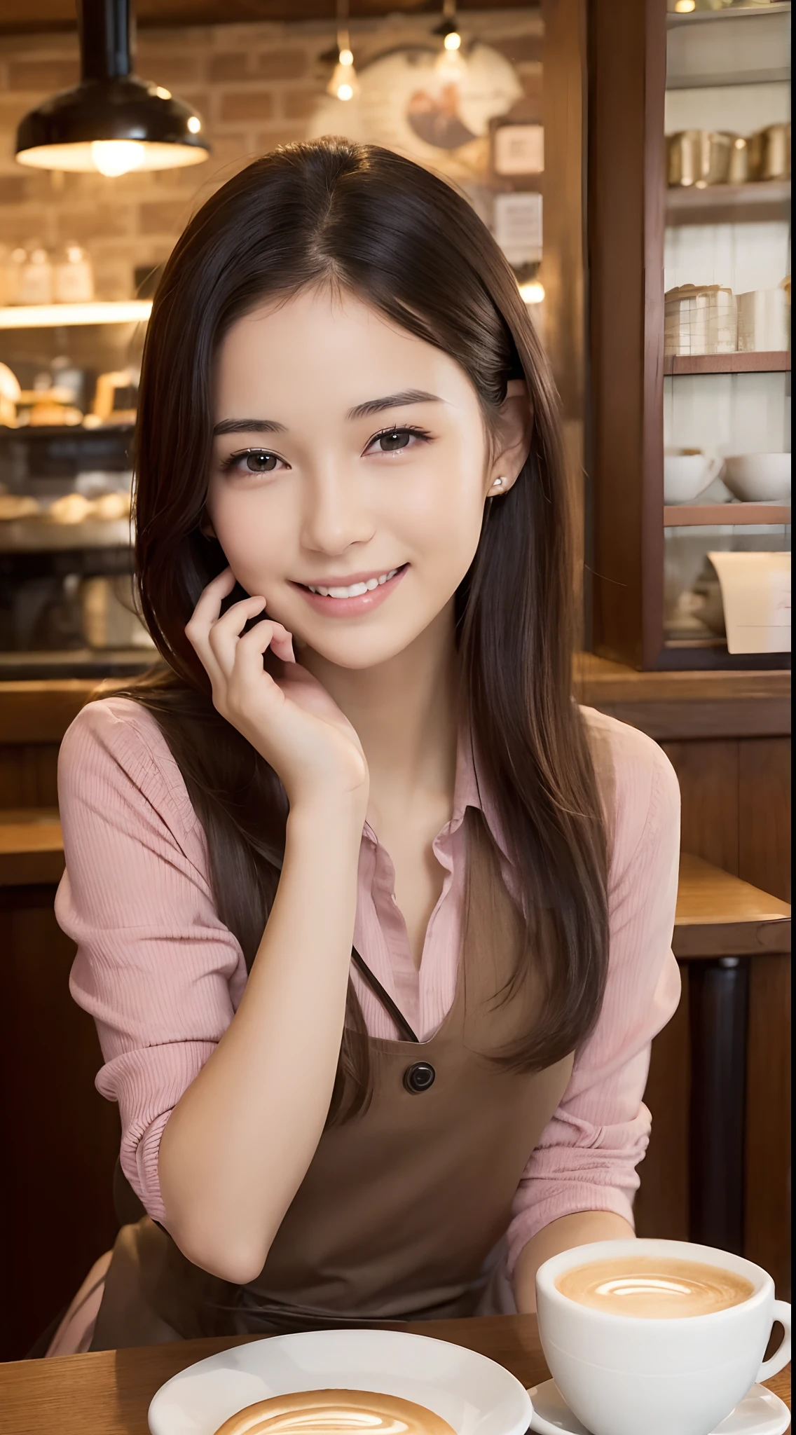 (Female clerk in café:1.4),Beautiful 16 year old woman,Natural smile,