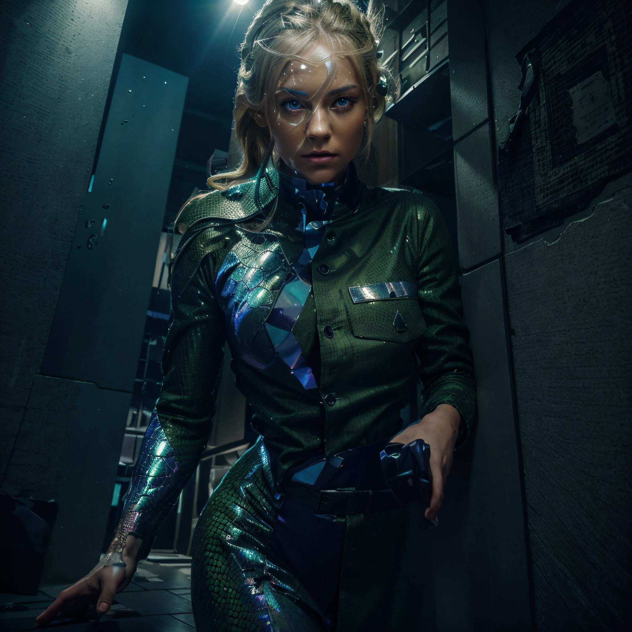 beautiful woman transforming, the right half of her body and face is a reptilian alien with scaly skin, the left half is a woman with blonde hair and blue eyes dressed in an olive green US uniform, fabric, in the middle has a purple holographic effect the, is on a military base, ultra realistic, Ultra detailed, Hyper realistic, 4k, Ultra detailed image, realistic, Highly detailed, perfect composition, beautiful intricately detailed incredibly detailed, 8K fine art photography, hyper detailed, Masterpiece