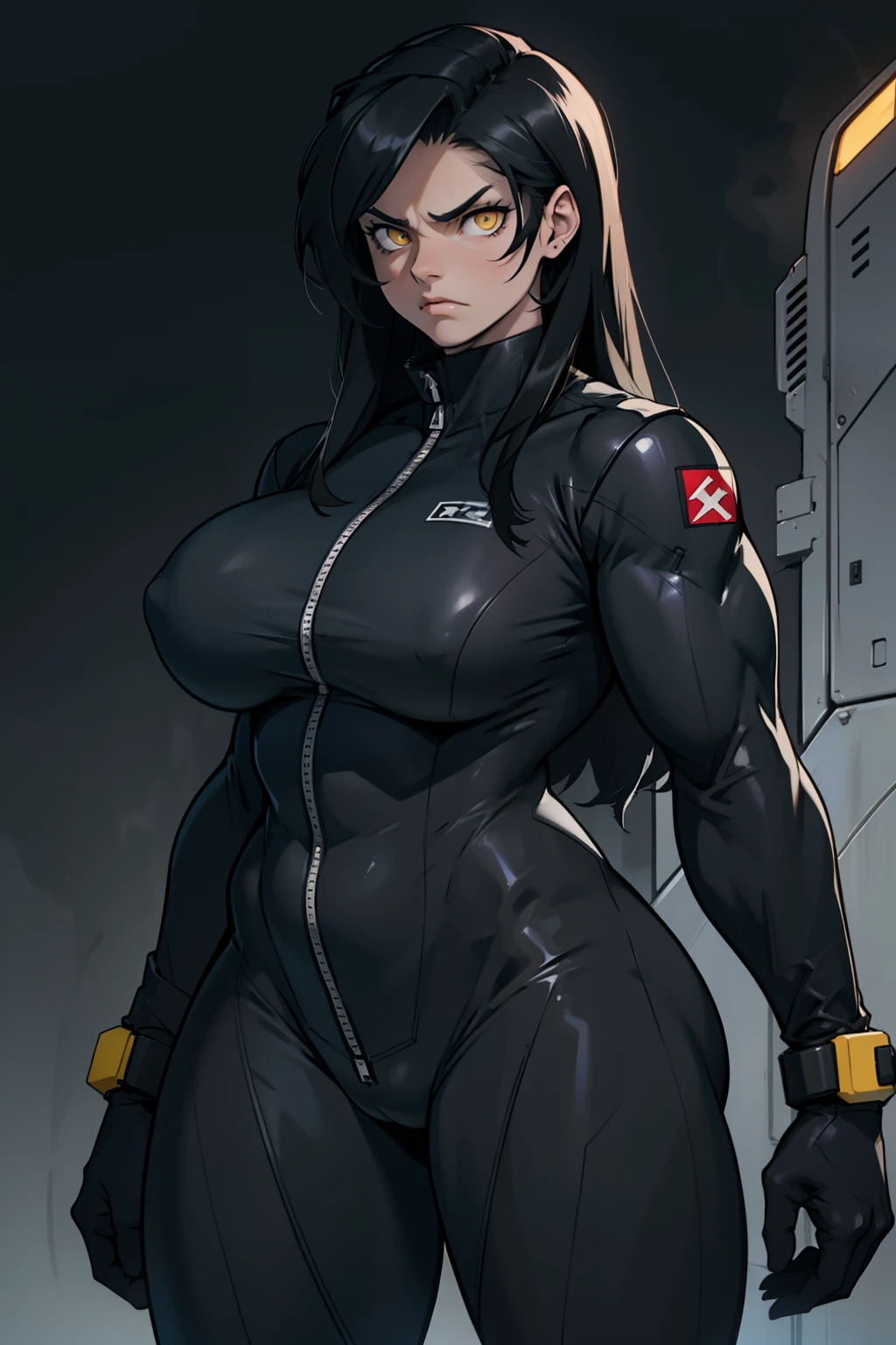(bodybuilder huge breasts) pale skin yellow eyes black hair very long hair 1girl dark atmosphere thick thighs grey background tight clothes angry black bodysuit pilot suit skintight