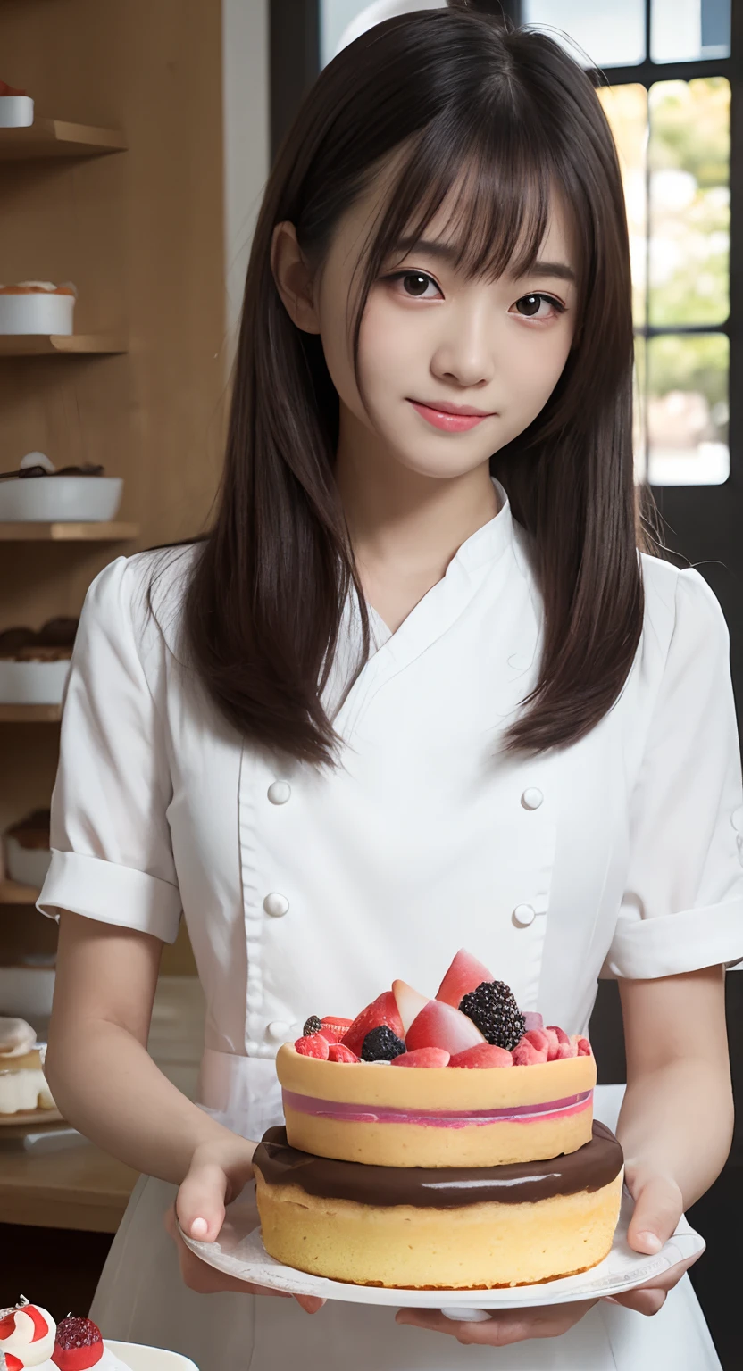 (top-quality、masterpiece:1.2)、Best Quality、realisitic、photoshot、hight resolution、1080p、8K、Textured skin、Physical Rendering、1 Japan Girls、High school students、kawaii、Young Face、Rolled hair、(patissier:1.5)、Cake shop、full of shyness、smil、Big