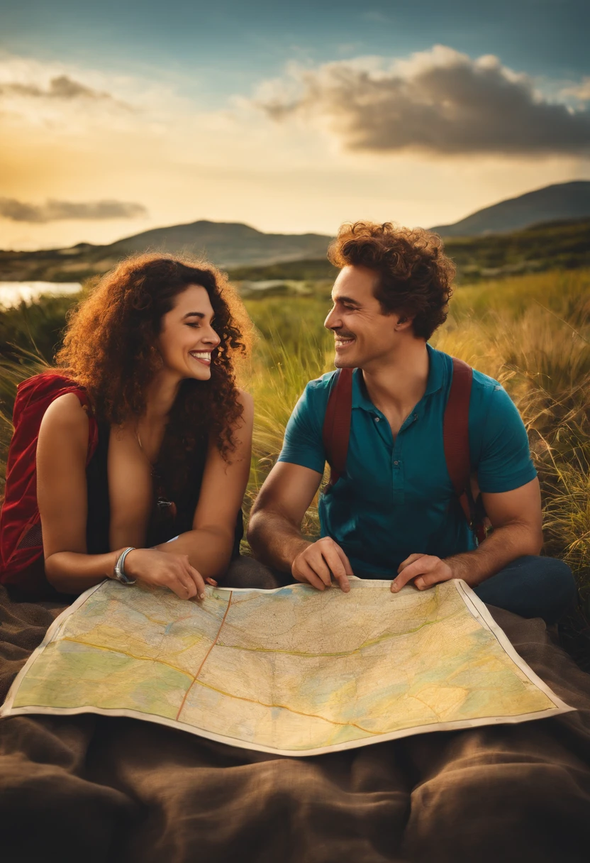 Two friends with a map in hand, sorrindo e prontas para a viagem de carro.