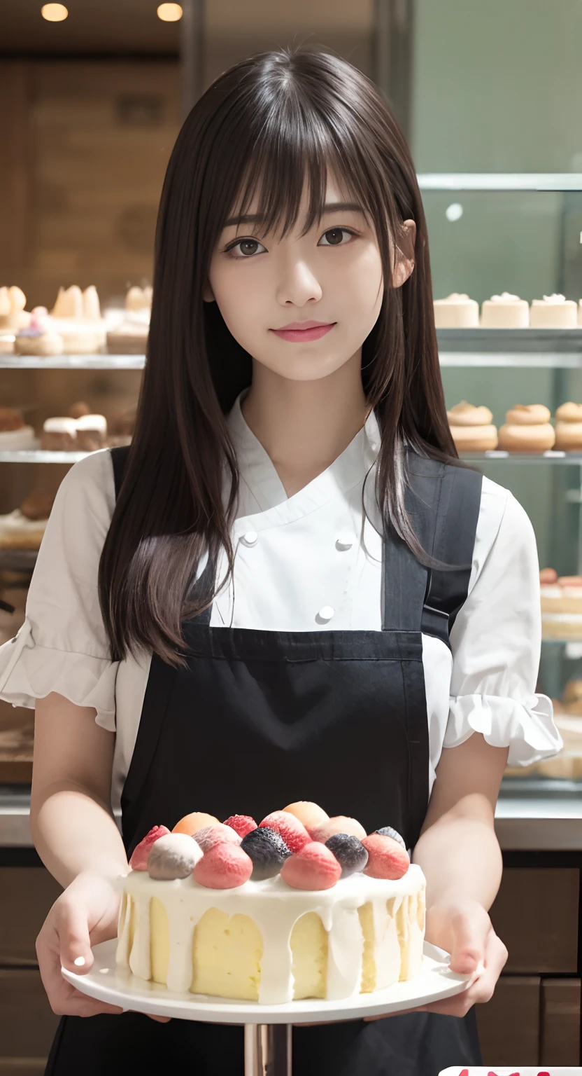 (top-quality、masterpiece:1.2)、Best Quality、realisitic、photoshot、hight resolution、1080p、8K、Textured skin、Physical Rendering、1 Japan Girls、High school students、kawaii、Young Face、Rolled hair、(patissier:1.5)、Cake shop、full of shyness、smil、Big
