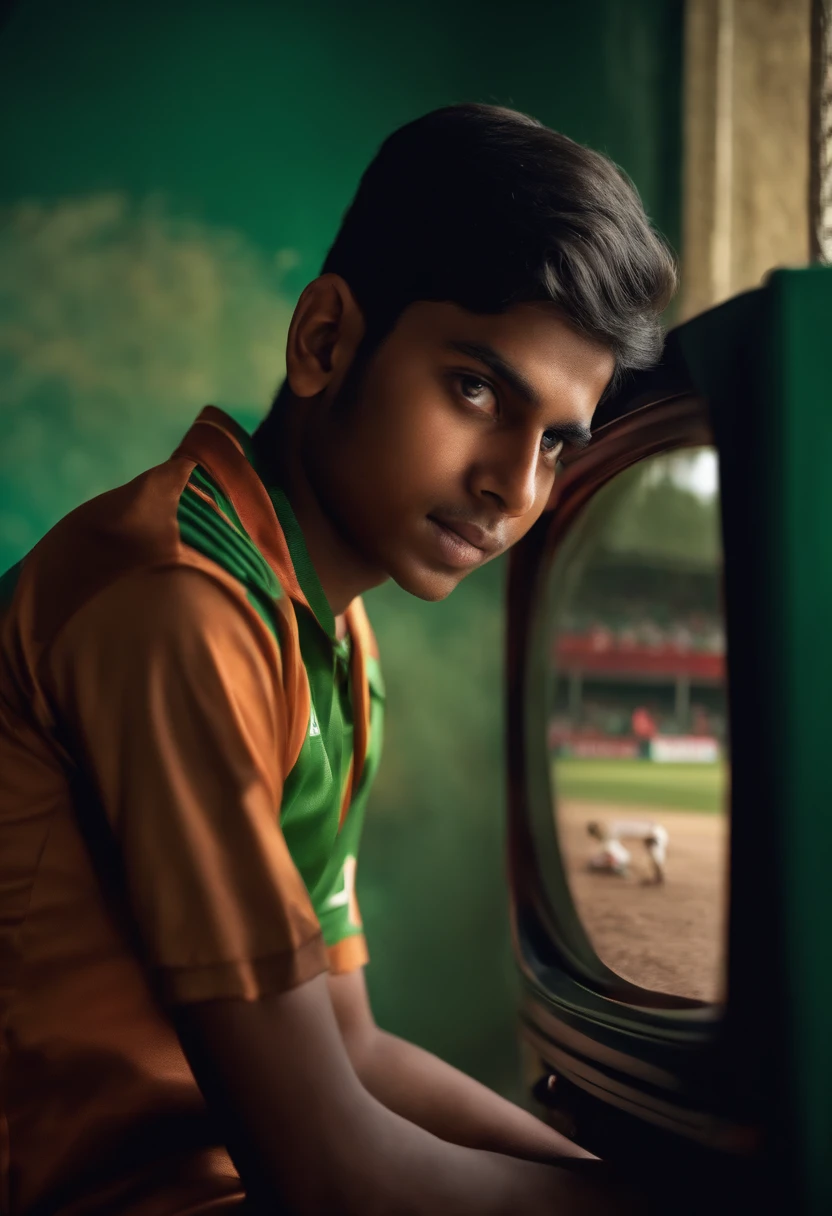 Ai Prompt :

A 25 years old boy is watching Bangladesh cricket match on TV. the boy's name is Tanjil and jersey number 75 is written on the jersey.