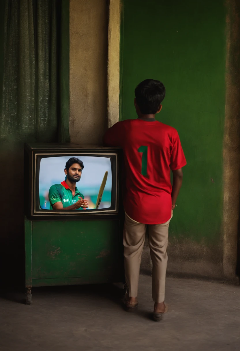 Ai Prompt :
A 25 years old boy is watching Bangladesh cricket match on TV. the boy's name is Tanjil and jersey number 75 is written on the jersey.