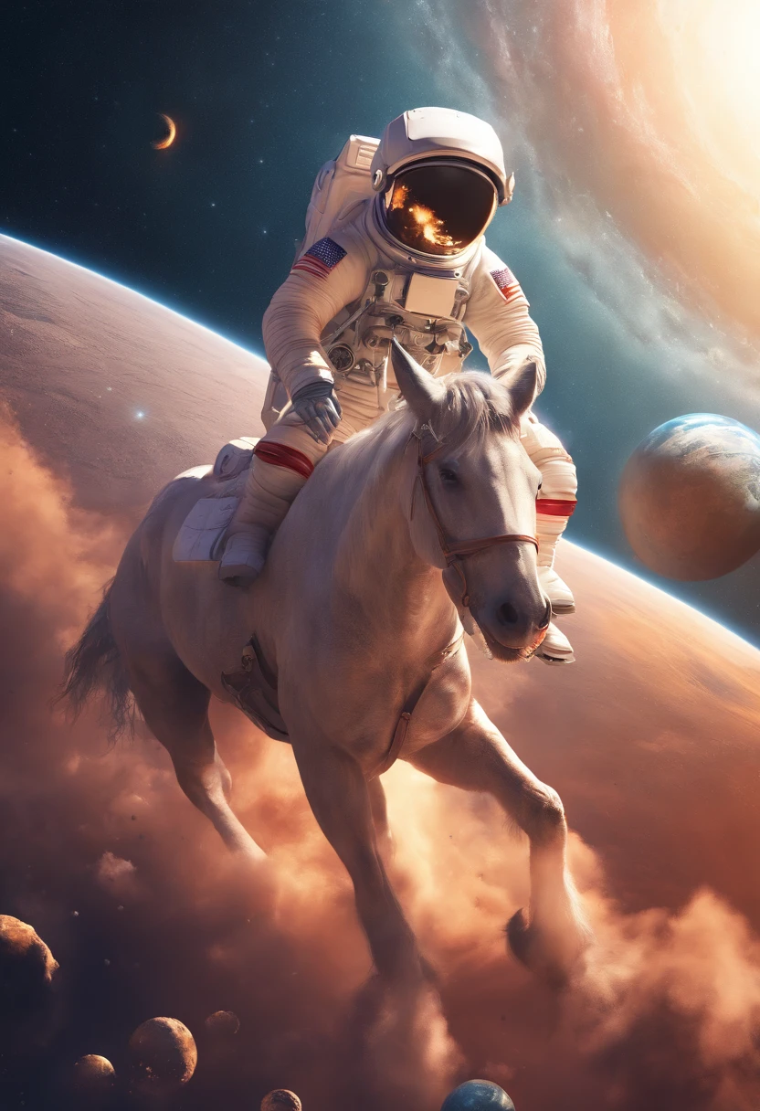 An astronaut carrying a horse on his back in space