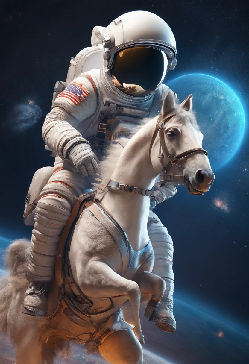 An astronaut carrying a horse on his back in space