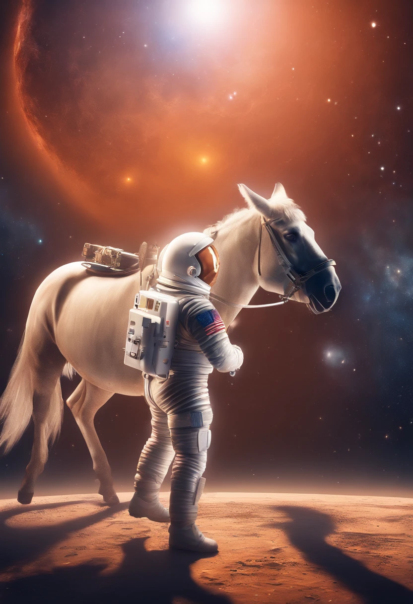 An astronaut holding up a horse in space