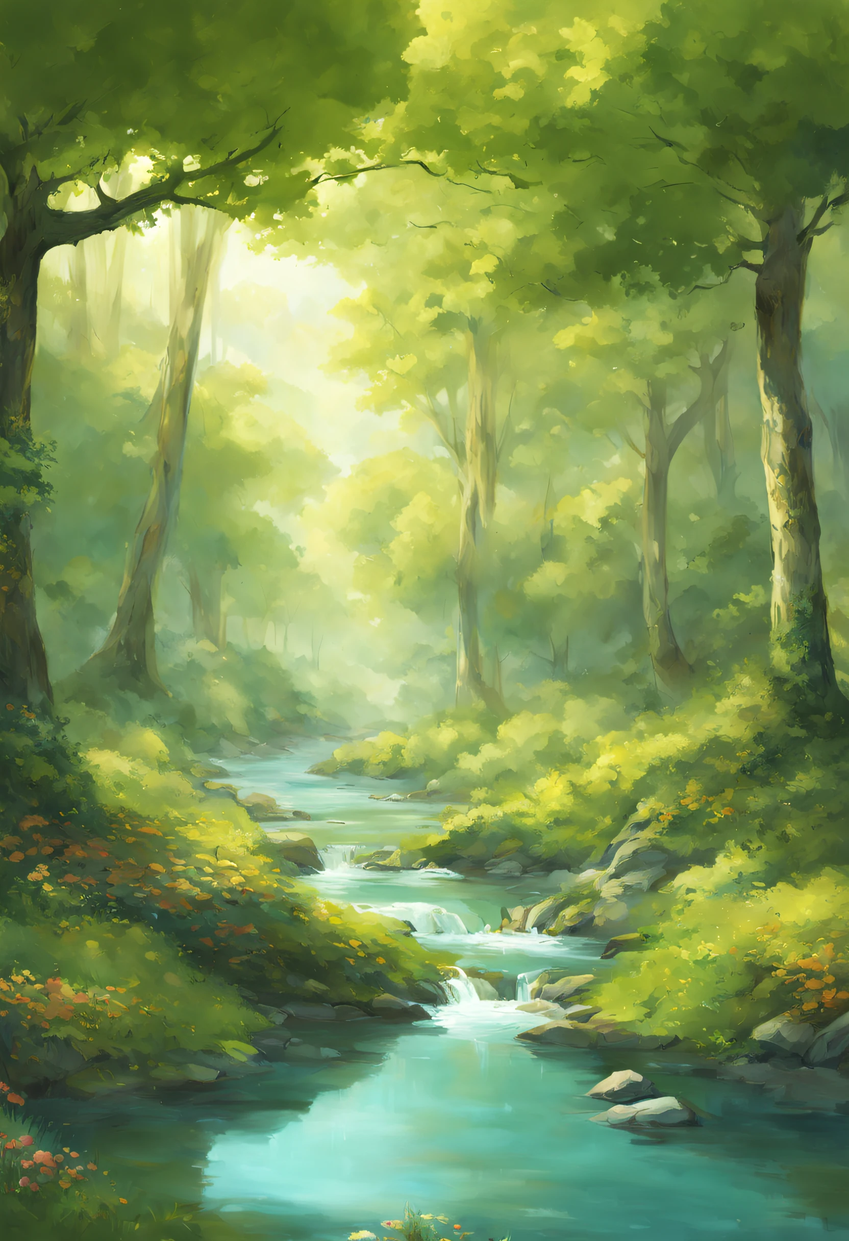 In Genesis 35, somos levados a uma paisagem celestial, where a dense oak forest stretches as far as the eye can see. In the shade of the trees, A serene stream of crystal clear waters meanders delicately, while a gentle breeze rocks the leaves, Creating a Haven of Divine Peace and Beauty, imagem estilo anime