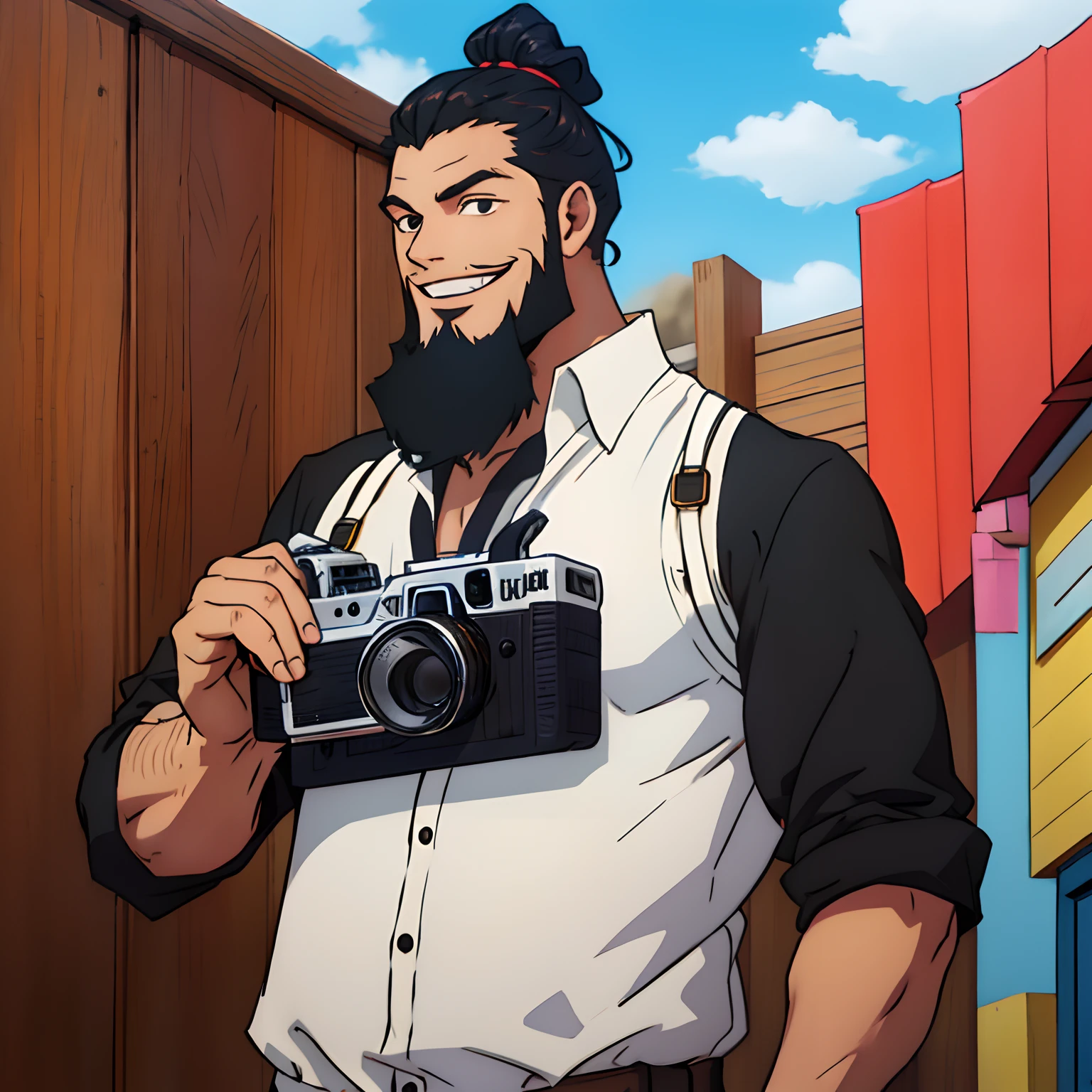 Man with hair with bun and thin beard with camera in hand recording and smiling