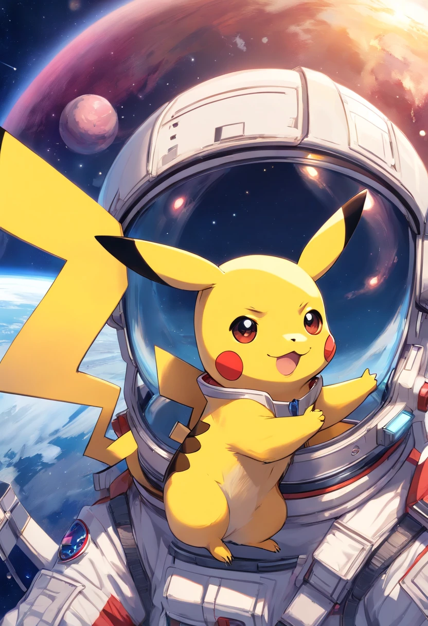 Playful cute Pikachu in astronaut clothes，Liveliness and agility，yellow and soft hair，red blush，Size, twinkle eyes，Cute pointed ears。(Pikachu:1.5),A sexy