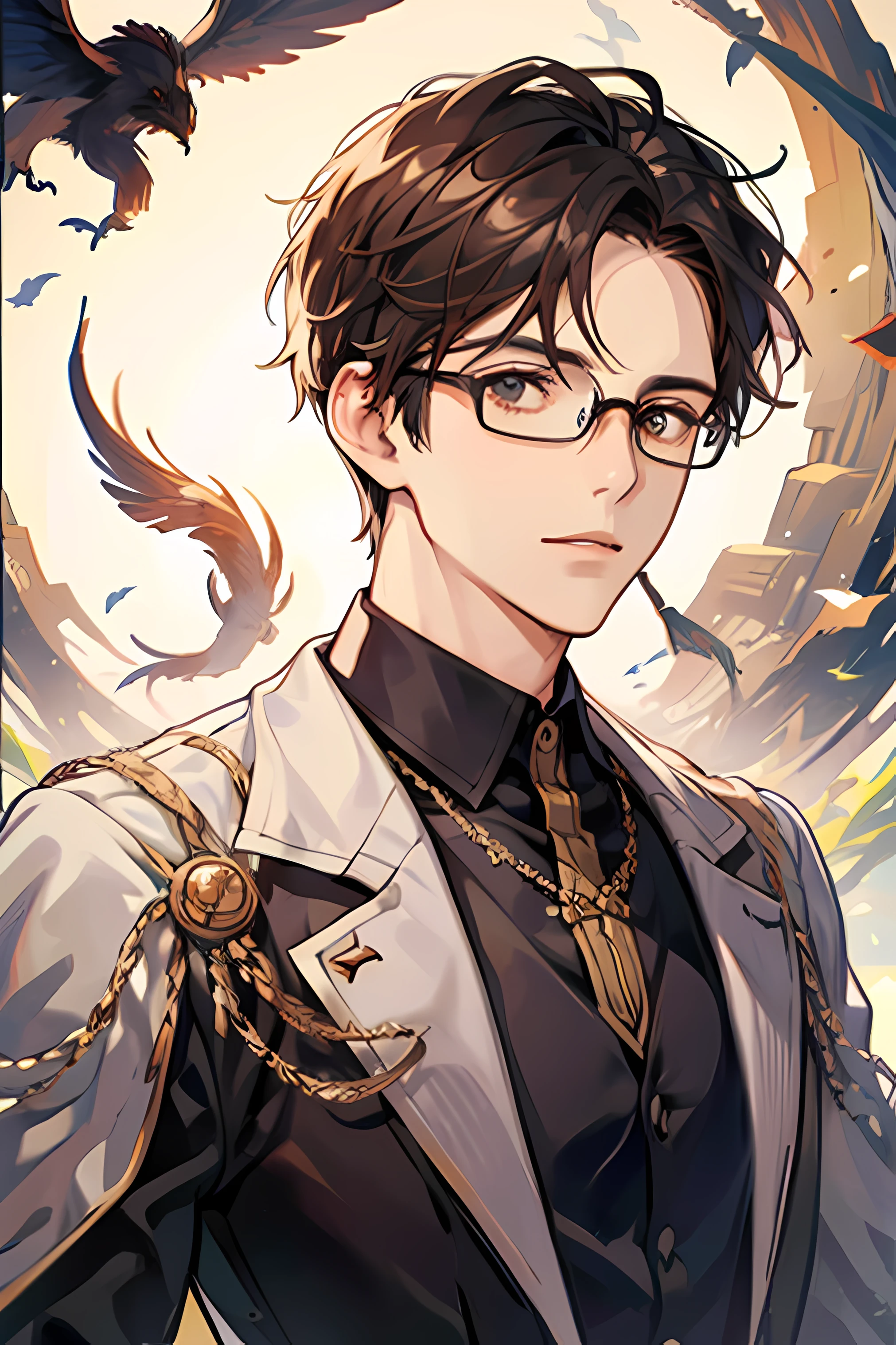 A man with brown hair and round-rimmed glasses, wearing a magician's outfit.