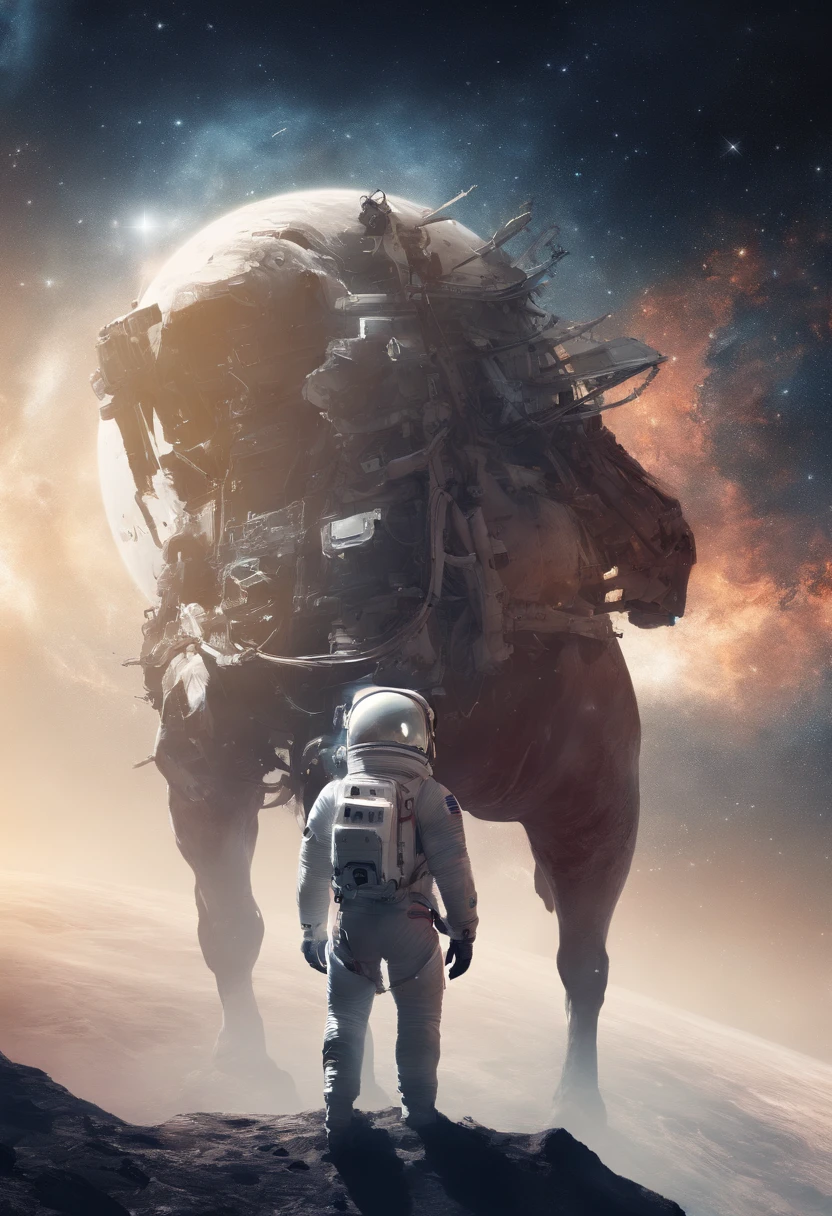 An astronaut carrying a horse on his back in space