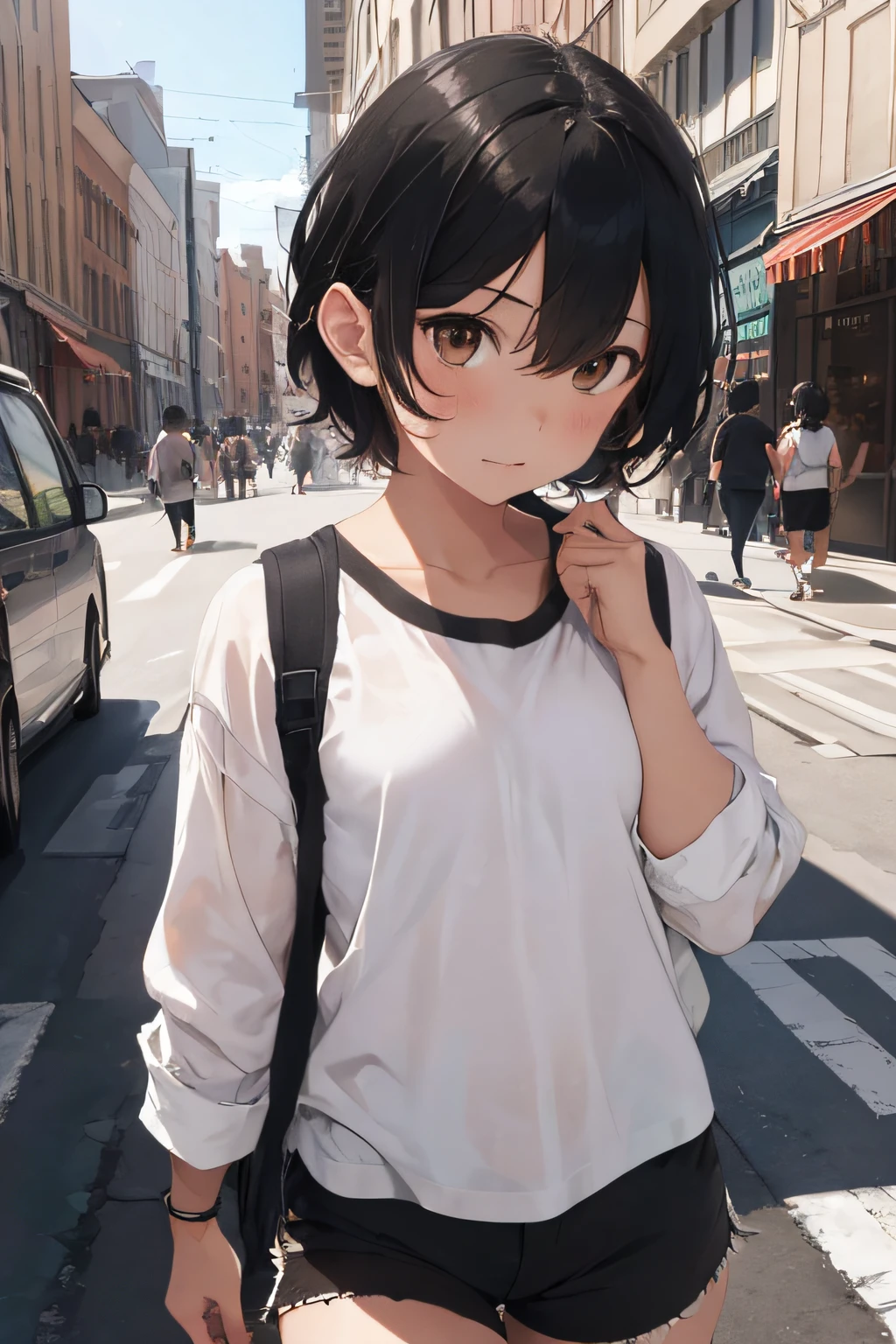 1boy, sexy, short hair, brown eyes, white shirt, black shorts, city, high res, ultrasharp, 8K, masterpiece, looking at viewer