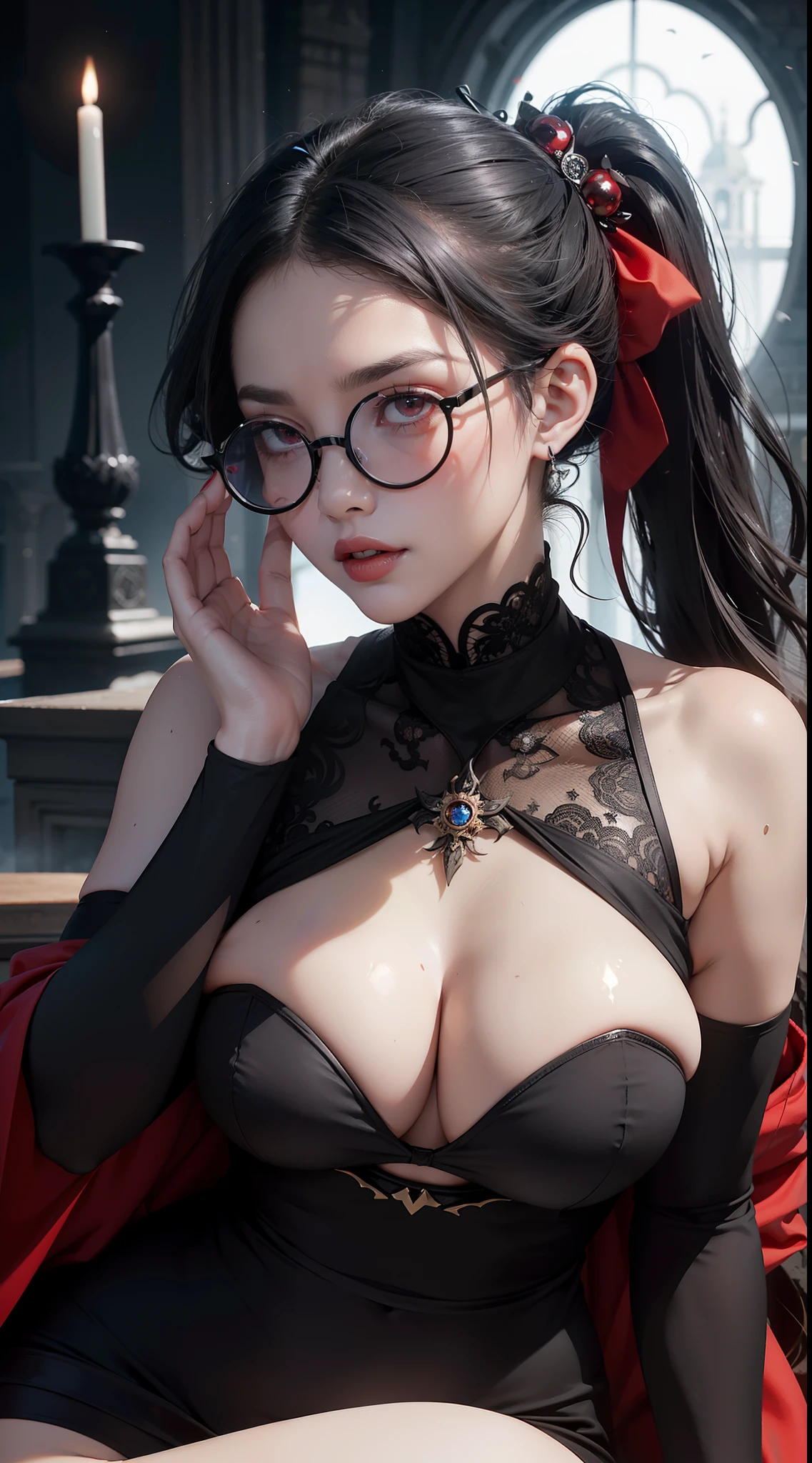 Evil Nun, ((((black-rimmed round glasses))))、Jewelry Tiara , His hands preparing purple energy spheres, devilish, Insidious, Lightning strikes the apocalyptic ruins of the city , Church of the Devil's Background、surreal female portraits by David Hockney and Alphonse Mucha, Fantasy Art, Chinese Doll, Photorealism, Dynamic lighting, art stations, poster for, Volumetric lighting, Intricate tattoos on the face with highly detailed details, demonic intricate tattoos, thigh tattoos, body tattoos, 8k ultra, Awarded, In the Dark, lowkey, cowboy lens, (Black Phoenix Dress: 1.0), Long hair, Black hair, Bust, Devil's Palace, devil crown, red eyes make up very sharp and detailed, The most beautiful face, a 、Seductive body、((((black-rimmed round glasses))))、 Super tight breasts, Breast augmentation surgery, The breasts are very big and round and round, Super realistic, Black Dark Magic Dress, Charming smile, The eyes are very well made up, ((Red Eye:1.0)), guweiz, devil style, wearing black mesh socks, Ponytail with a bow tied at the back of the hair, plump beautiful red lips, wearing a thin red and black robe, Hands pull the straps to expose sexy breasts, the landscape is overcast and thunderous, Beautiful female demon portrait, Protagonist Close-up、Long hair, Black hair, Bust, red eyes make up very sharp and detailed, The most beautiful face, a baby facee body、Super tight breasts, Breast augmentation surgery, The breasts are very big and round and round, Super realistic, Black Dark Magic Dress, Charming smile, The eyes are very well made up, ((Red Eye:1.0)), guweiz, devil style, wearing black mesh socks, Ponytail with a bow tied at the back of the hair, plump beautiful red lips,