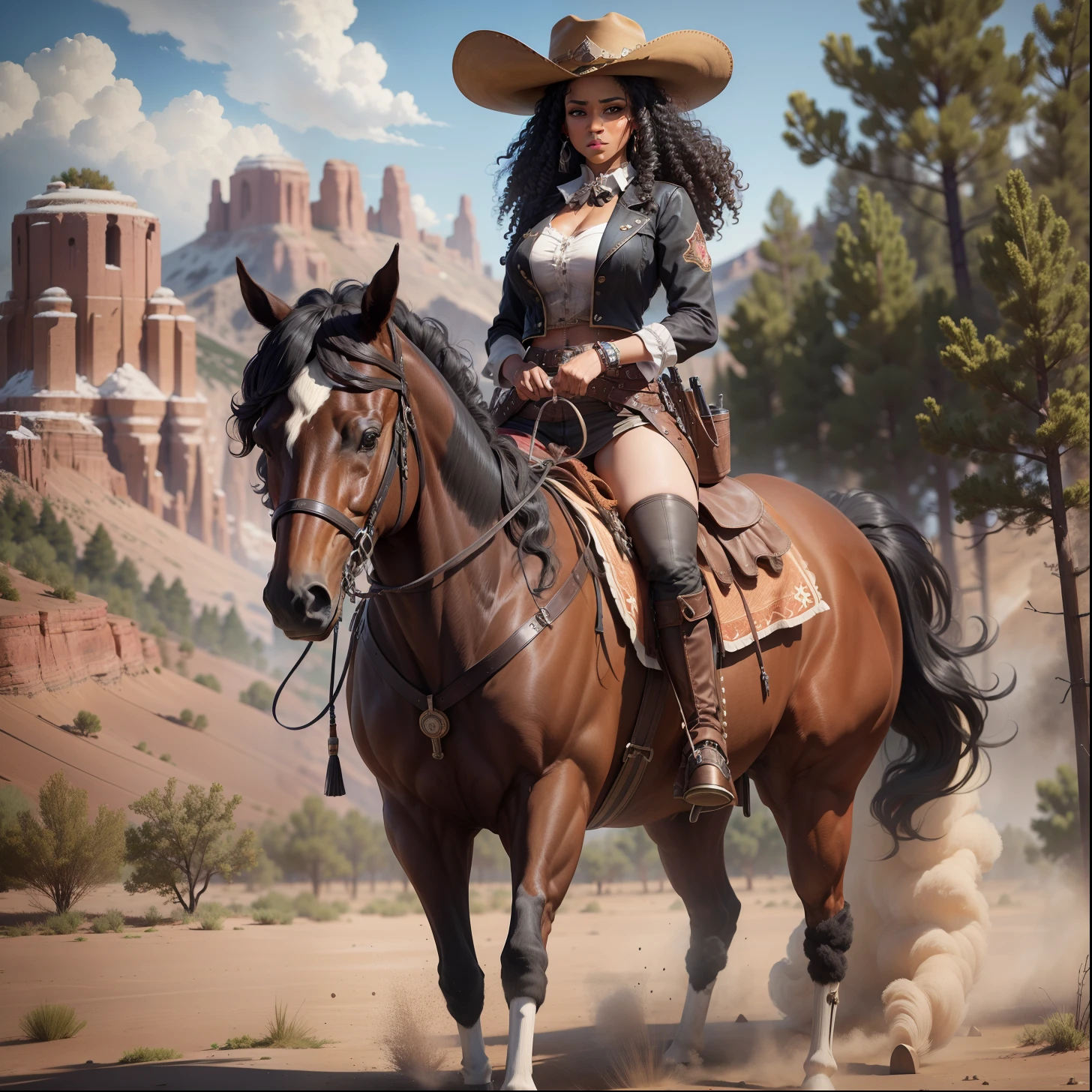 Female black cowgirl, extra curly hair,black hat, 6-bullet revolver, whip, horse riding,Colorado, wild west,dust,artwork,3d,4k,detailed,realistic