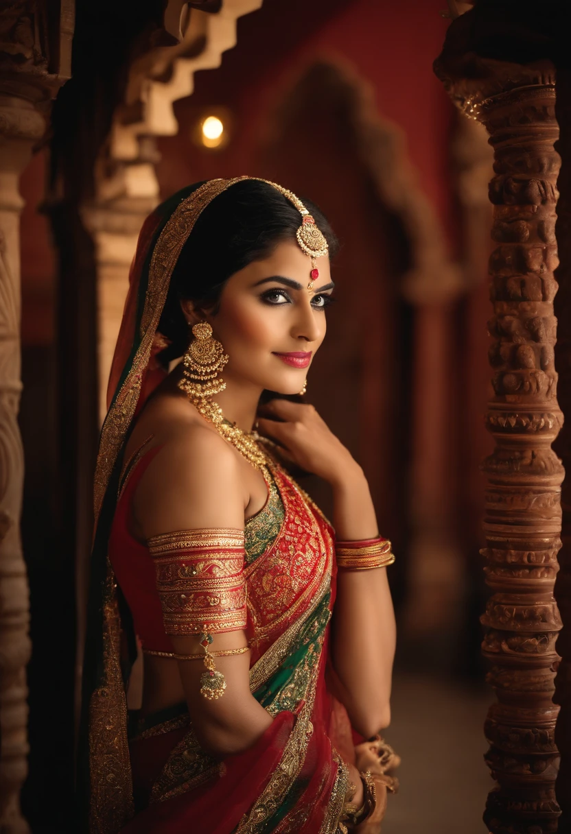 a woman in a sari posing for a picture, indian goddess, traditional beauty, indian, beautiful goddess, ornate cosplay, indian style, indian super model, beautiful maiden, gorgeous woman, south east asian with long, provocative indian, gorgeous beautiful woman, intricate outfit, hindu aesthetic, beautiful asian girl, extremely detailed goddess shot, jaw-dropping beauty, big boobs deep cleavage sexy navel, pussy