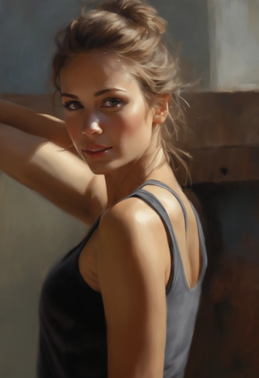 Plan du corps entier de (woman Stretching in a tank top, Pantalon de yoga, et chaussures de course. Petit sourire), (Detailed realistic face), (((hyperdetailed))), zoomed out, symmetrical face, Detailed pupil, yeux expressifs, Casey Baugh, Michael Garmash, Sophie Anderson, Hasui Kawase, Makeup, De vraies photographies, Look moderne, De vraies photographies (Realstic:1.5)