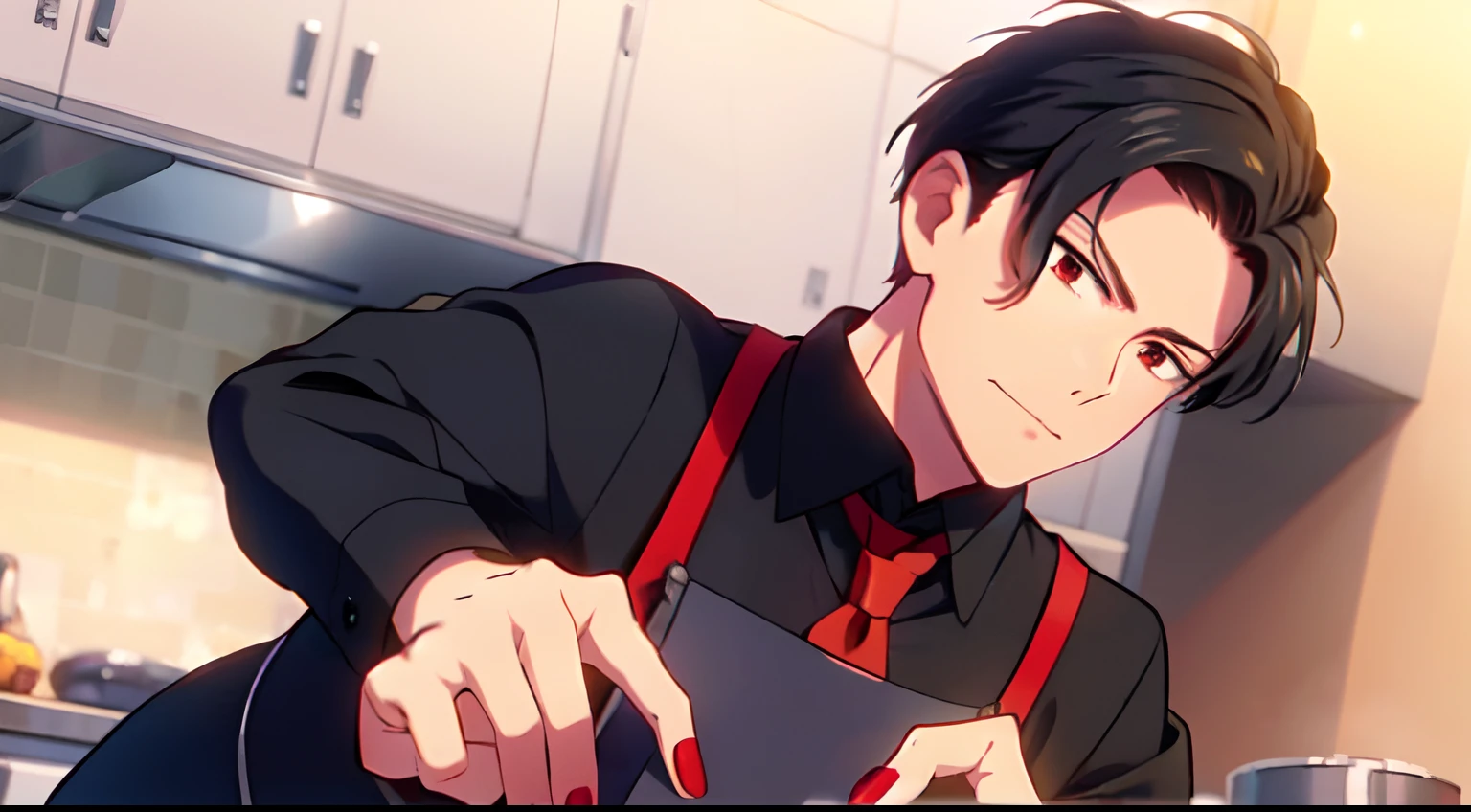 masterpiece, (1Man), (Mature Male), luci, red eyes, black hair, (Apron Red), black shirt, red necktie, kitchen