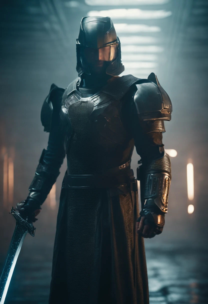 A male android with a big long steel sword is a spaceship. Light is bouncing on his armor in the foggy environment. cyberpunk theme, high quality render.