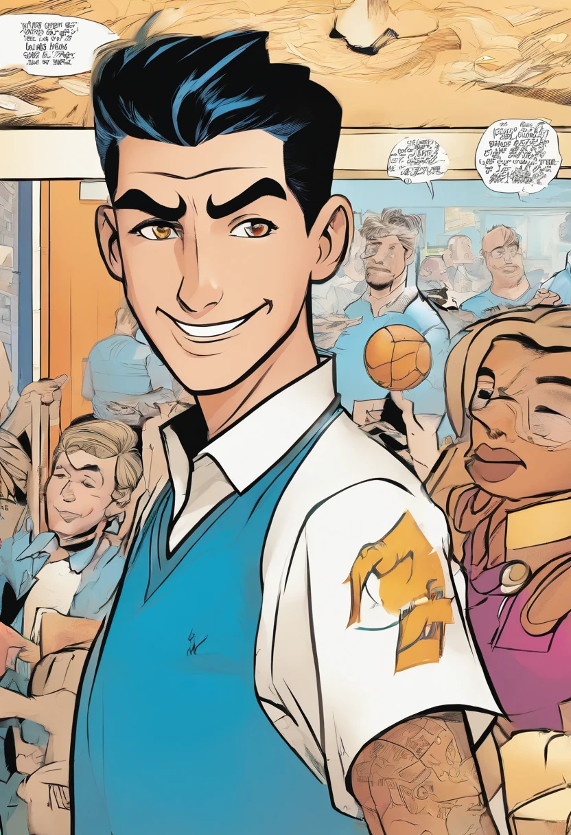 A happy-looking male character with short black hair and a blue football shirt from the 50s. He has a blue cap and a thick beak ,longer neck.