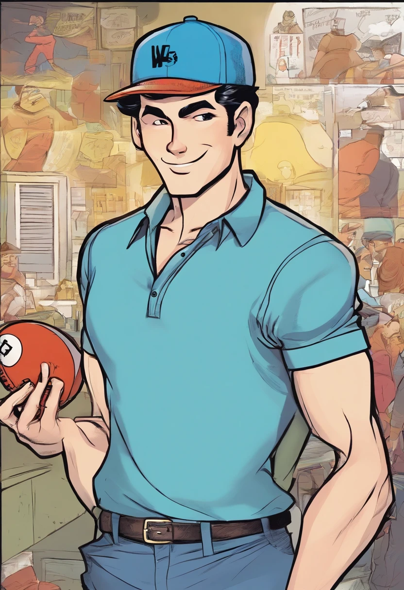 A happy-looking male character with short black hair and a blue football shirt from the 50s. He has a blue cap and a thick beak ,longer neck.