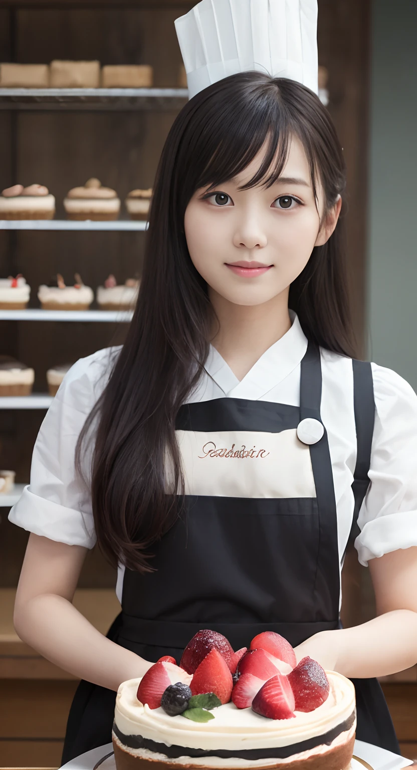 (top-quality、​masterpiece:1.2)、Best Quality、realisitic、photoshot、hight resolution、1080p、8K、Textured skin、Physical Rendering、1 Japan Girls、High school students、kawaii、Young Face、Rolled hair、(patissier:1.5)、Cake shop、full of shyness、smil、Big、Cook clothes