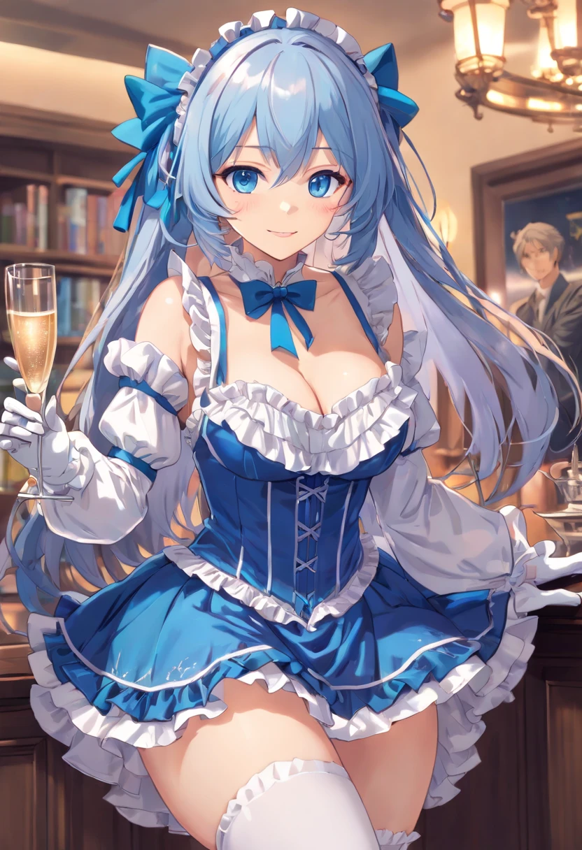(A beautiful anime of insanely detailed one daughter:1.5), Holding a glass of champagne, ((:D:1.2)),(Best Smile:1.3),((slender)),Large breasts,(((Insanely detailed blue alternative costumes))),(((Insanely detailed clothes))),(Upper cleavage:1.5),(((Puffy sleeves))),(((framed breasts))),((Ash gray hair,very_long_hair,Blue eyes)),(kawaii:1.5),((blue bow)),(Detailed blue embroidered ruffled sexy maid outfit:1.4),(((frills skirt:1.6))),(blue corset:1.3),(Detailed embroidery ruffled sexy white garter strap:1.3),(Detailed embroidery ruffled sexy white thighs:1.4),(white_gloves:1.3),(high-heels:1.2),(insanely detailed face:1.3),(insanely detailed eyes:1.3),(Insanely detailed hair:1.3)