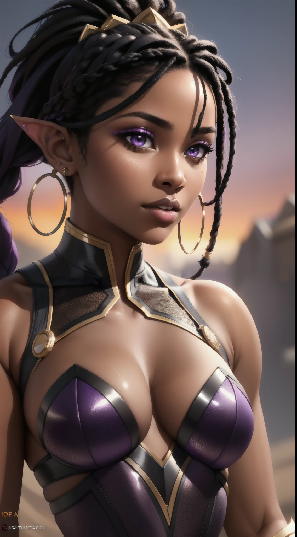 Portrait of an African-American female, with dark black dreadlocks, purple eyes, dark brown skin, pointed ears, small nose, sexy combat attire, skimpy attire, close-up shot, perfect composition, hyper-detailed, 8K, high quality, perfect eyes, trending art, trending on artstation, sharp focus, studio photo, intricate details
