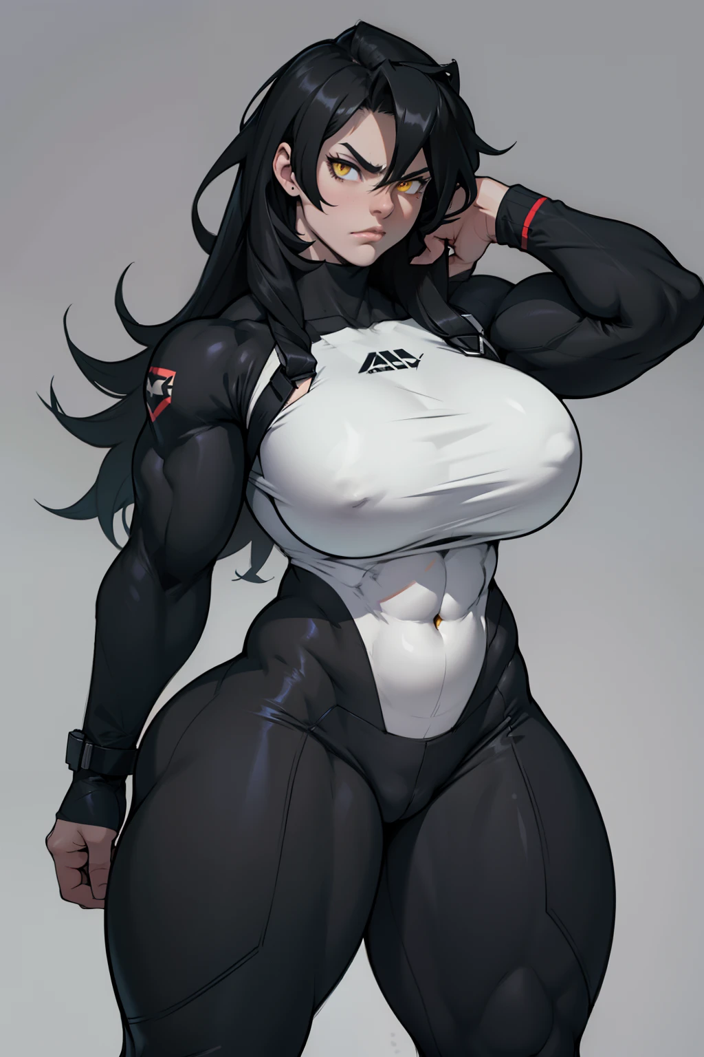 (bodybuilder huge breasts) pale skin yellow eyes black hair very long hair 1girl dark atmosphere thick thighs grey background tight clothes angry curvy thick thighs wide hips toned body