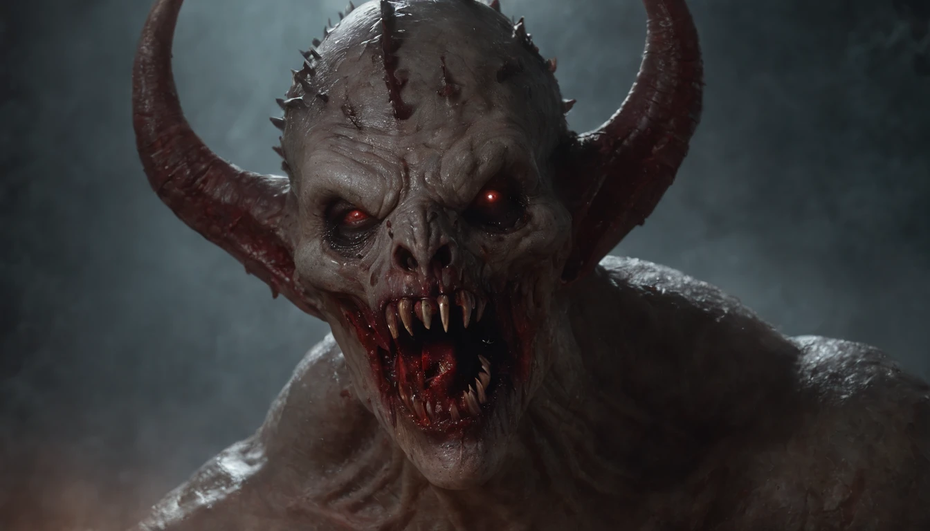 A demonic creature with a bloody face and a bloody head, carnificina, Sci - Horror Art of Fiction, Science fiction horror art, inspirado em Aleksi Briclot, Presas da carnificina, arte de fantasia de terror, Directed by: Aleksi Briclot, arte conceitual de terror, veneno, Arte de fantasia e terror, Detailed illustration of 4K horror, demonic creature, arte de terror de fantasia sombria