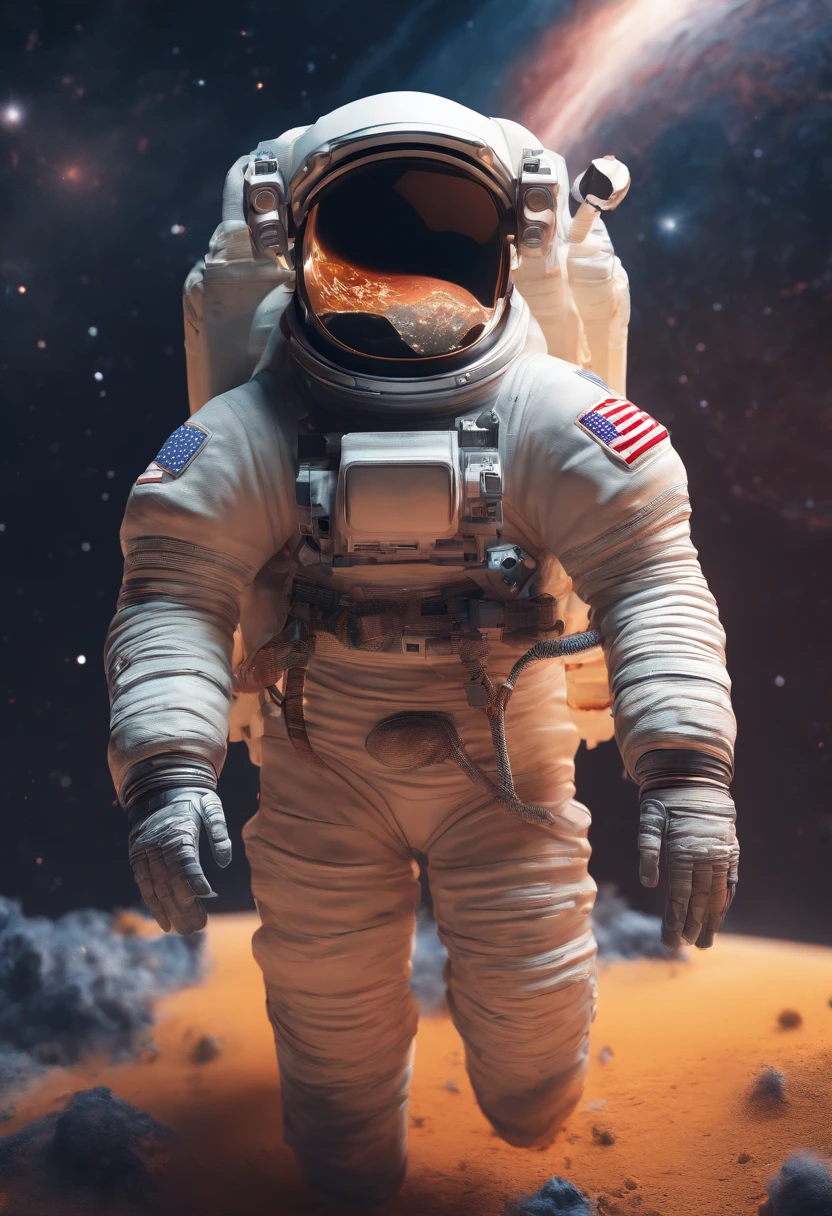 An astronaut carrying a toy horse on his back in space