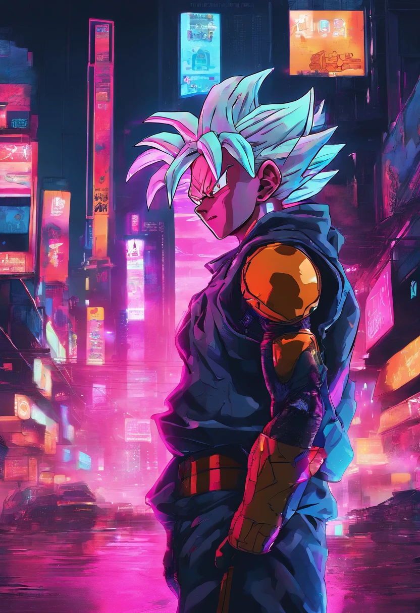 《dragonball z》Tips for cyberpunk style artwork in the world:
"Epic cyberpunk scenes in the Dragon Ball Z universe, (Best quality,4K,8K,A high resolution,Masterpiece:1.2), Super detailed characters with cyberpunk fashion. Mainly focuses on the powerful Super Saiyan Goku, Who has bright neon colored hair and rich blue eyes，Exudes an exhilarating aura. Around Goku, There are other Dragon Ball Z characters，Such as vegeta and tree trunks, Each of them moves on their bodies with a futuristic cybernetic boost, Such as luminous energy implants and advanced armor. The setting is set in a dystopian cityscape，Towering skyscrapers are covered in holographic ads, Flashing neon lights, and flying machines. The atmosphere is filled with a thick haze and a faint drizzle of acid rain. The colors are mainly dark and cool, Neon lights dot the otherwise gloomy city. The lighting is dramatic, Broken artificial beams of light cut through thick clouds, Cast long shadows on the gravel streets below. The overall style of the artwork should evoke a sense of mystery, grittiness, and fast-paced action.