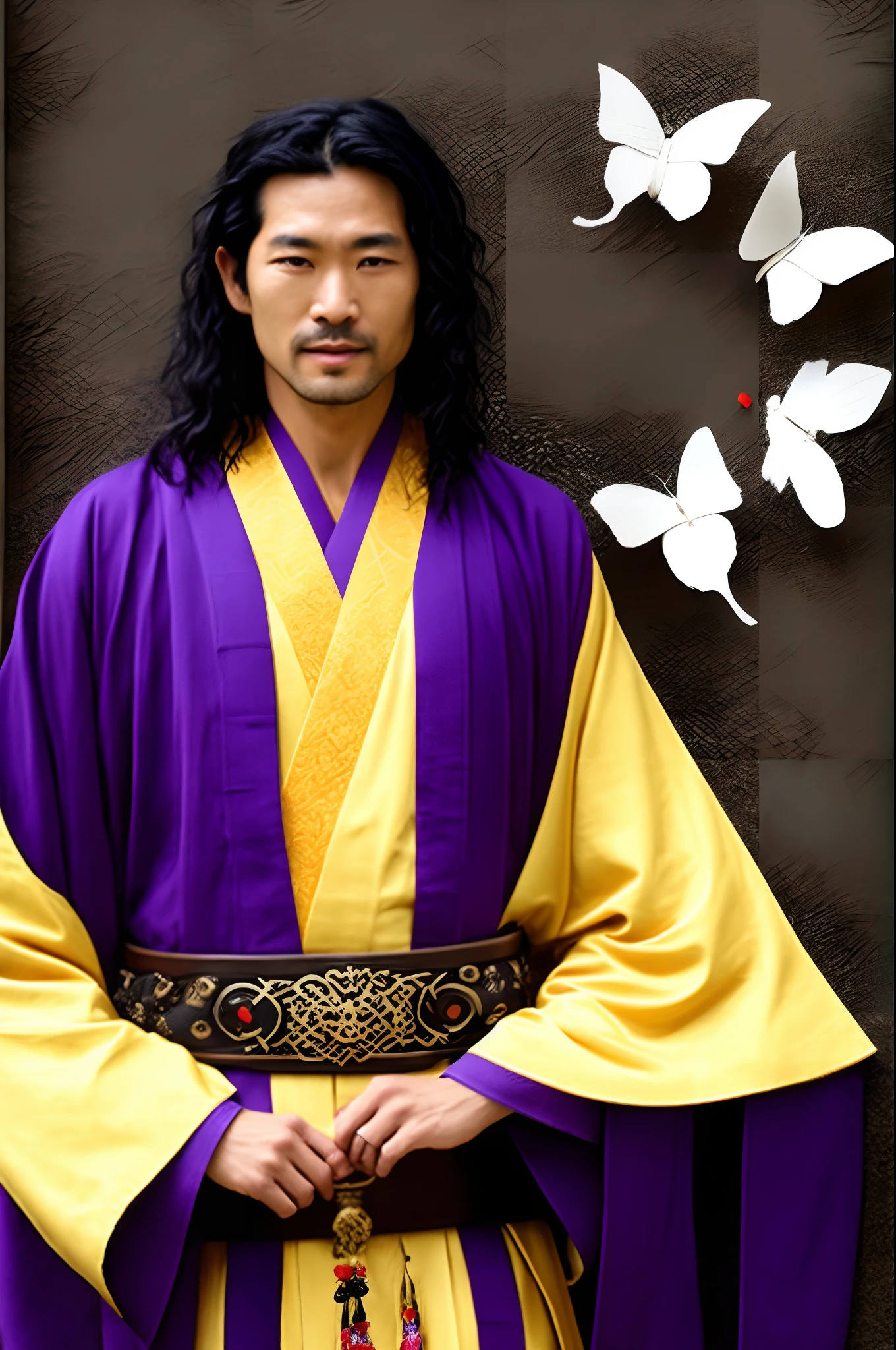 A tall man 5’7, with long black hair that reaches his Waist thats braided, one piece of his hair covers the middle part of his face and its colored a dark purple. He has pale skin with two small moles under both of his eyes. He has one light brown eye and one violet eye. He wears a short cut light crimson colored robe and sleeves that cut down to his elbows and the robe cuts to his groin part and a belt with feathers. He is looking down at a butterfly with an absent look in his eyes and he is holding the butterfly with his finger and is other had is holding a big great sword which embodiments frenzy, surrounding him is two smaller chinse swords which embodiment dread and mania.